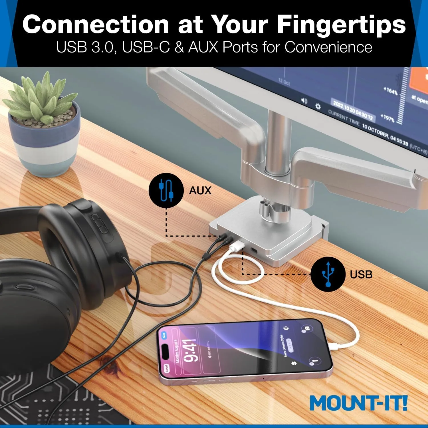 Mount-It! Triple Monitor Mount with USB and Audio Ports, 3 Monitor Desk Mount