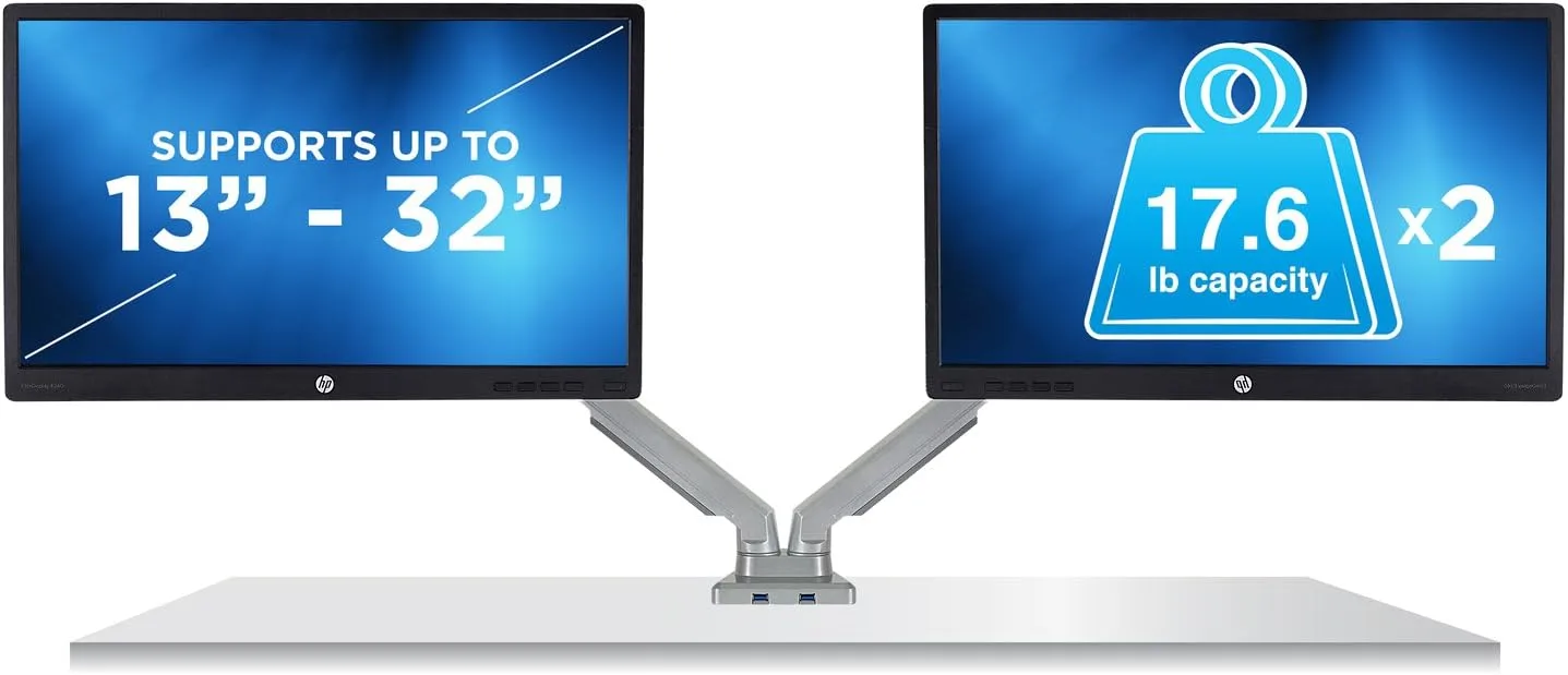 Mount-It! Dual Monitor Arm Mount Desk Stand | 2 x 3.0 USB Ports | Articulating Mechanical Spring Height Adjustable | Fits