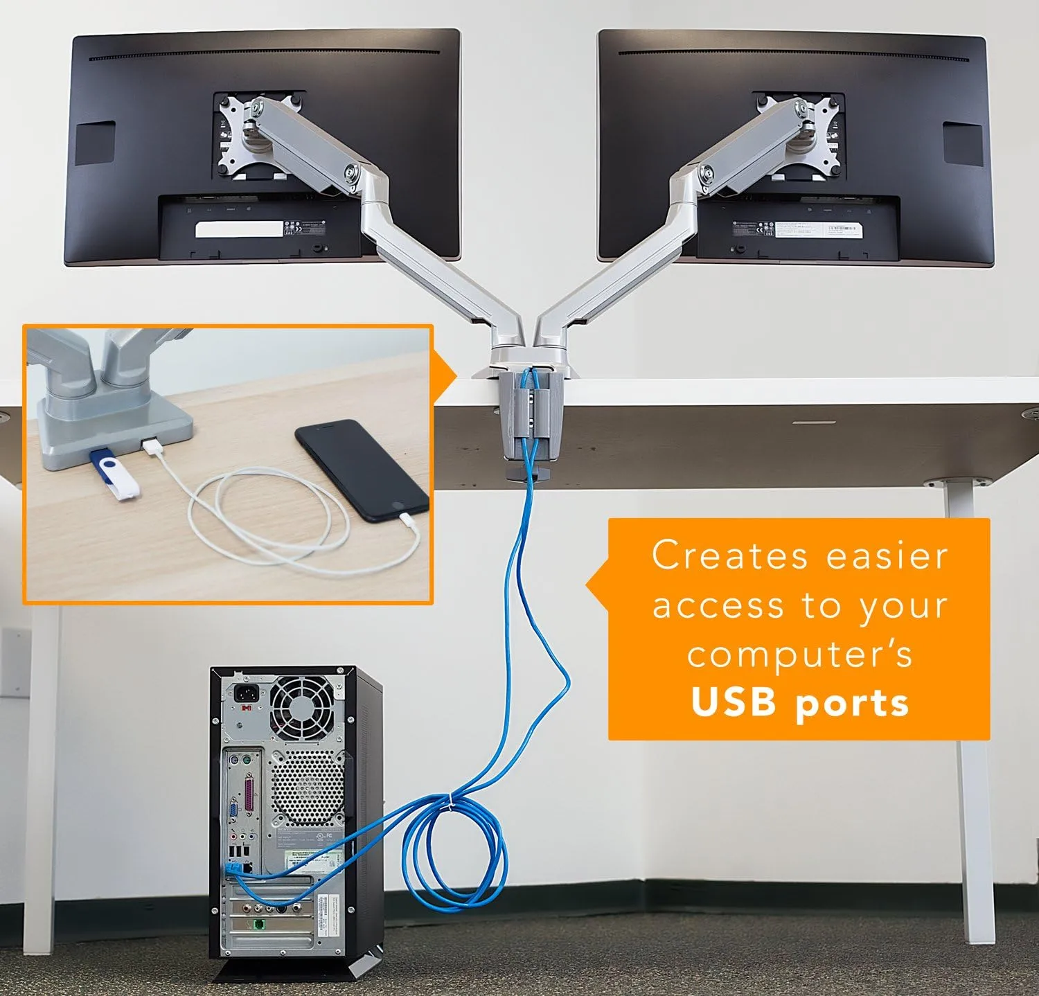 Mount-It! Dual Monitor Arm Mount Desk Stand | 2 x 3.0 USB Ports | Articulating Mechanical Spring Height Adjustable | Fits