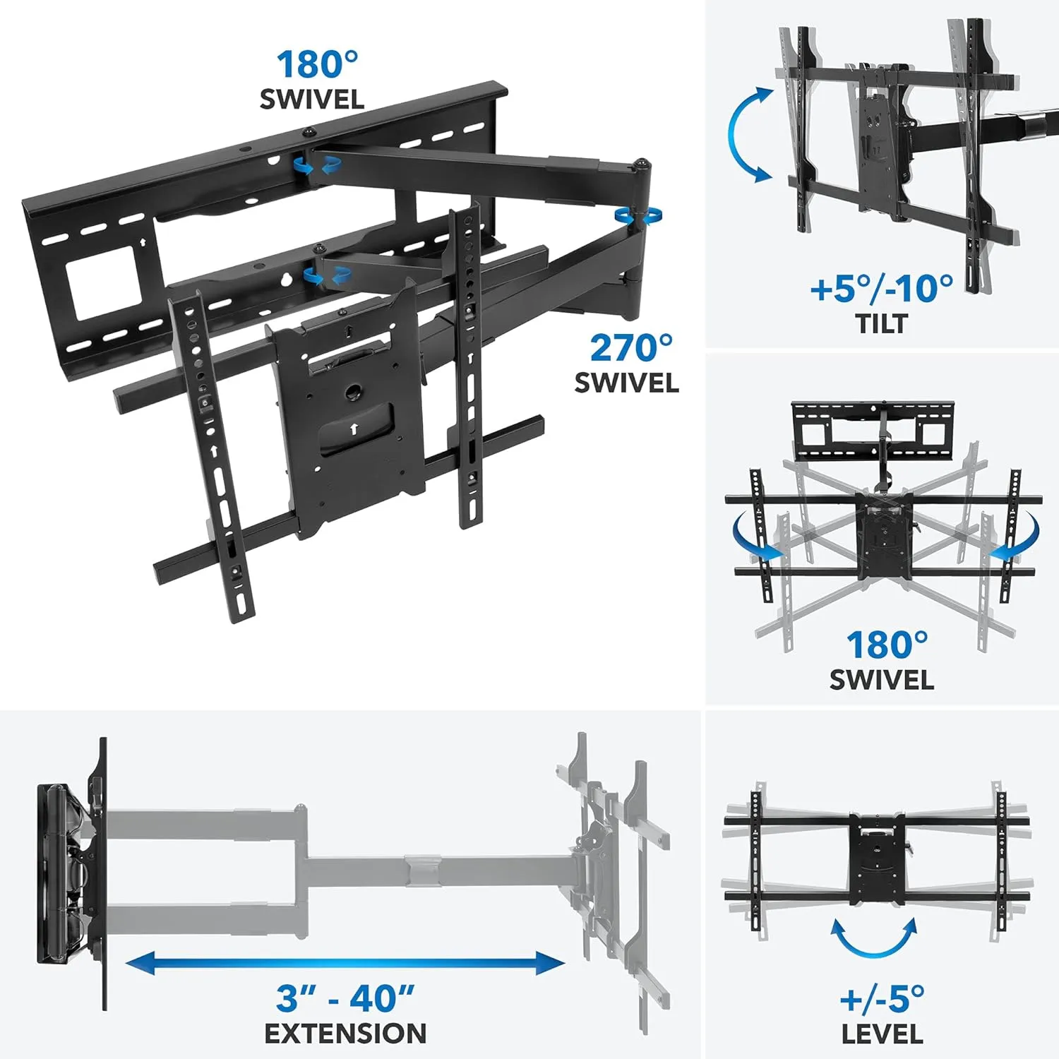 Mount-It! Long Arm TV Mount, Full Motion Wall Bracket with 40 inch Extension Articulating Arm, Fits Screen Sizes 42, 47, 50