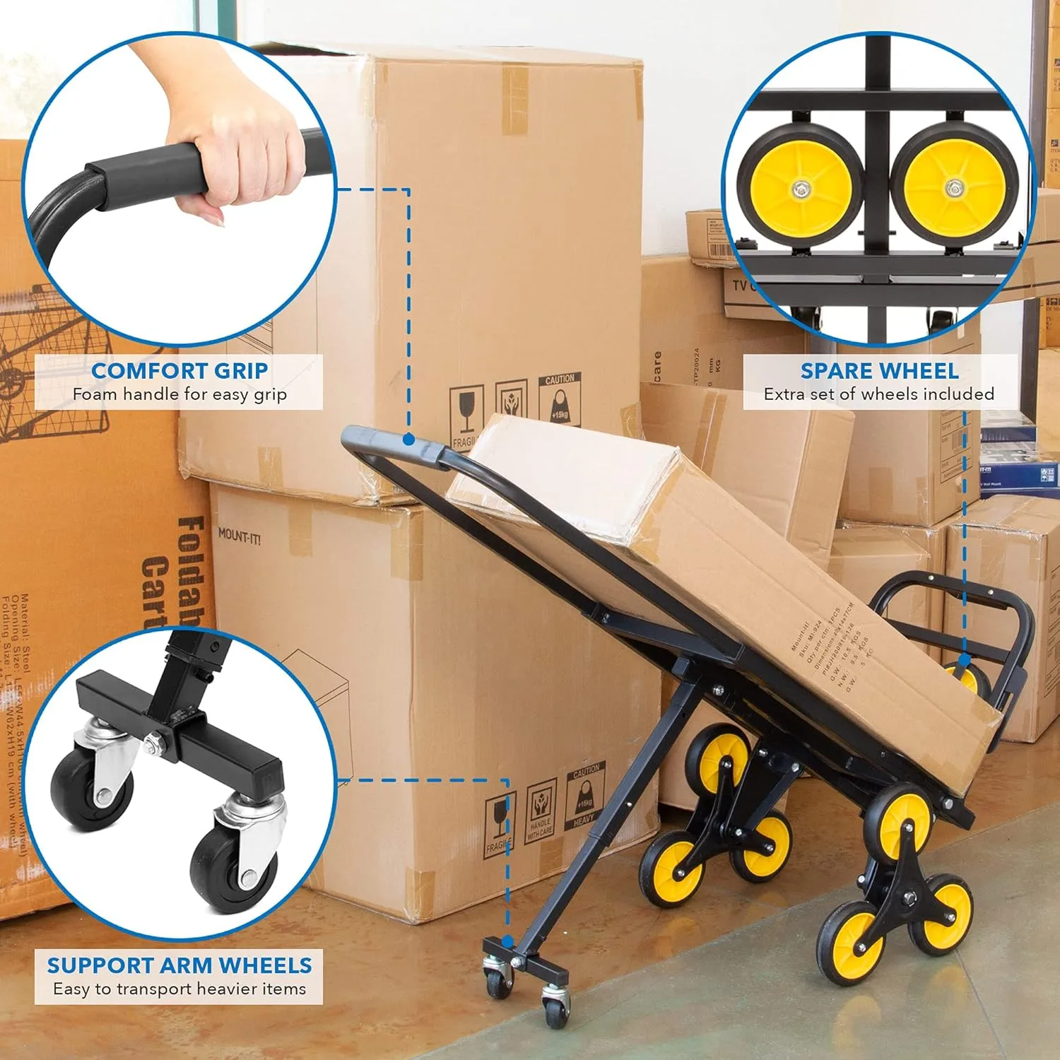 Mount-It! Stair Climbing Cart - 3 Wheel Stair Climbing Dolly - Easily Lift Heavy Items Up and Down Steps with Stair Climber