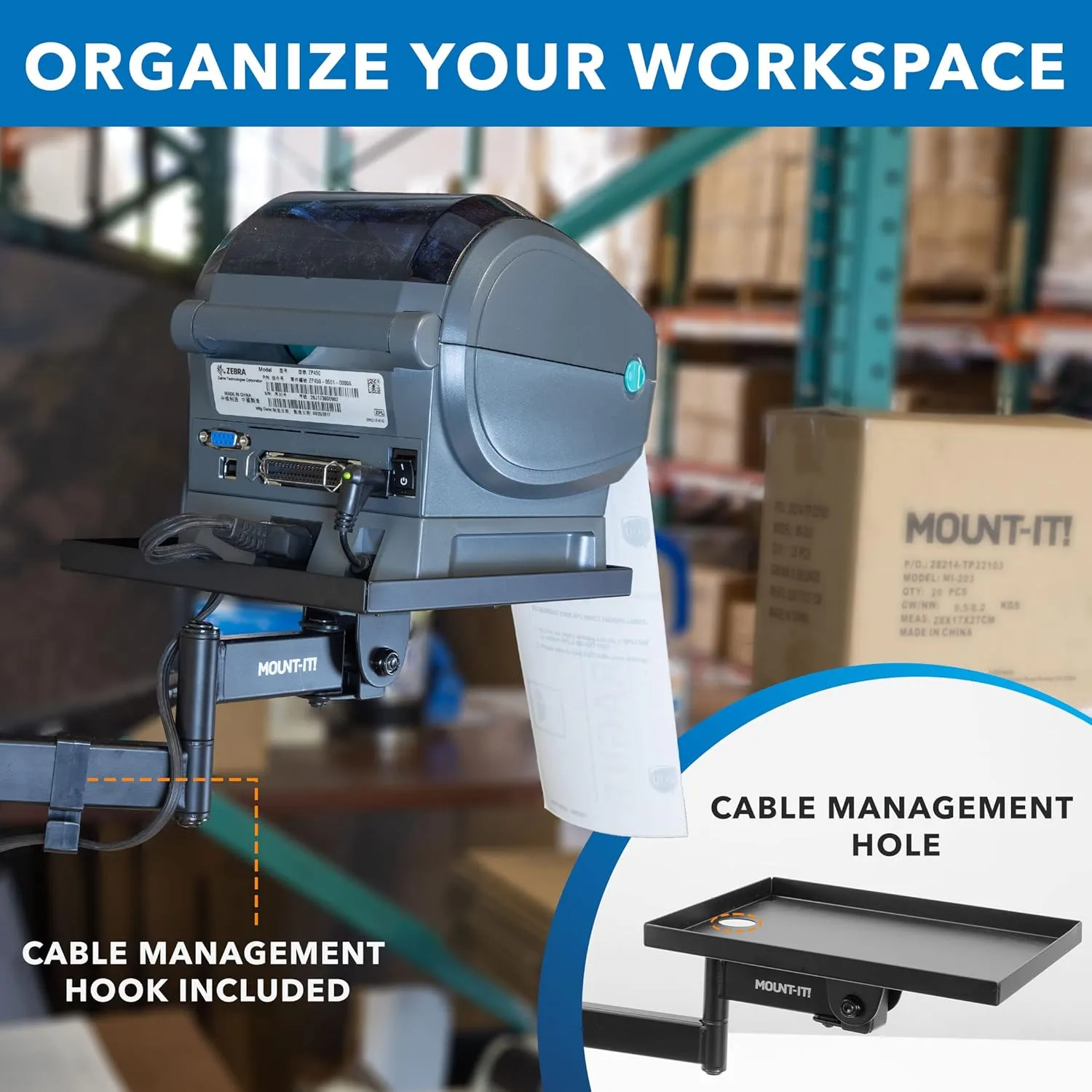 Mount-It! Printer Pole Mount for Thermal Label Printers, Full Motion Arm with Rotating Tray, Holds up to 11 lbs, Swivel