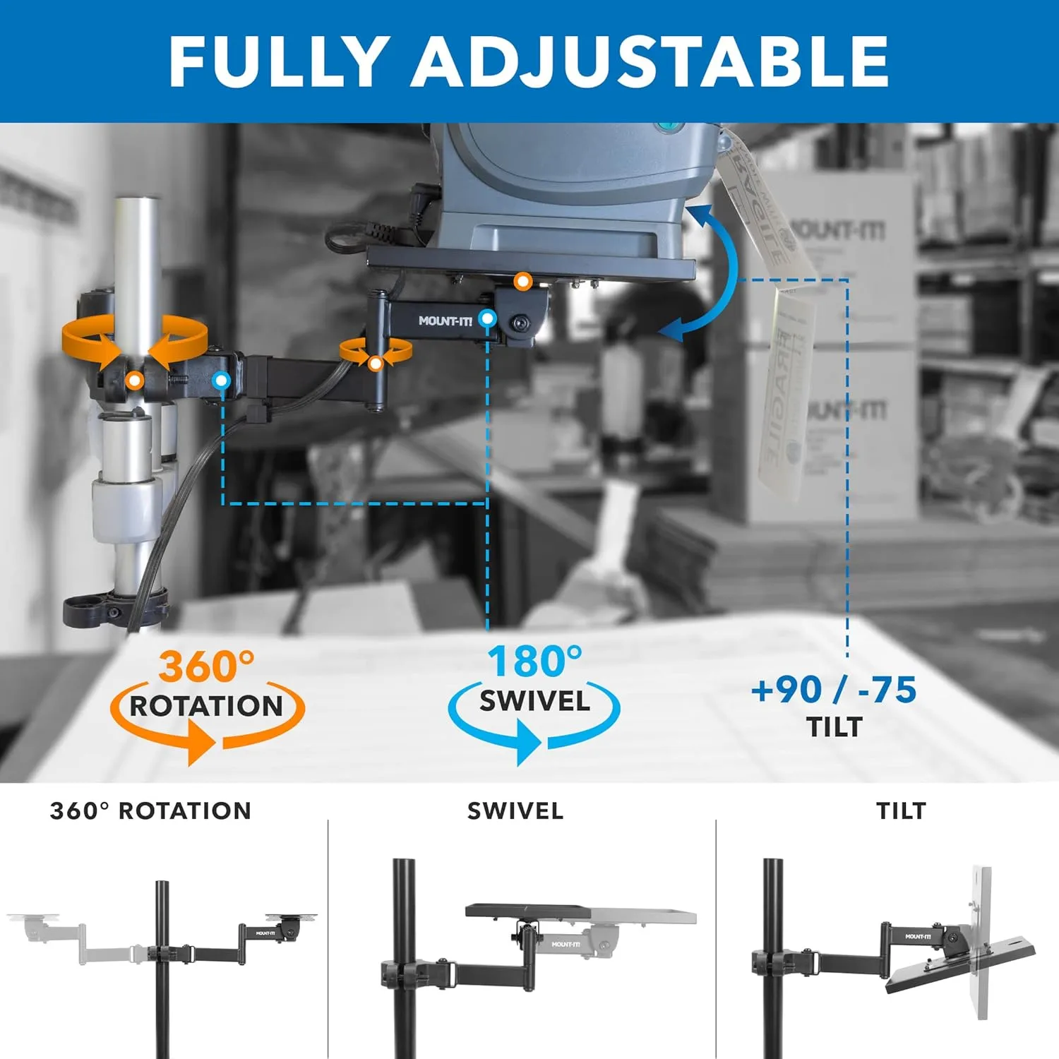 Mount-It! Printer Pole Mount for Thermal Label Printers, Full Motion Arm with Rotating Tray, Holds up to 11 lbs, Swivel