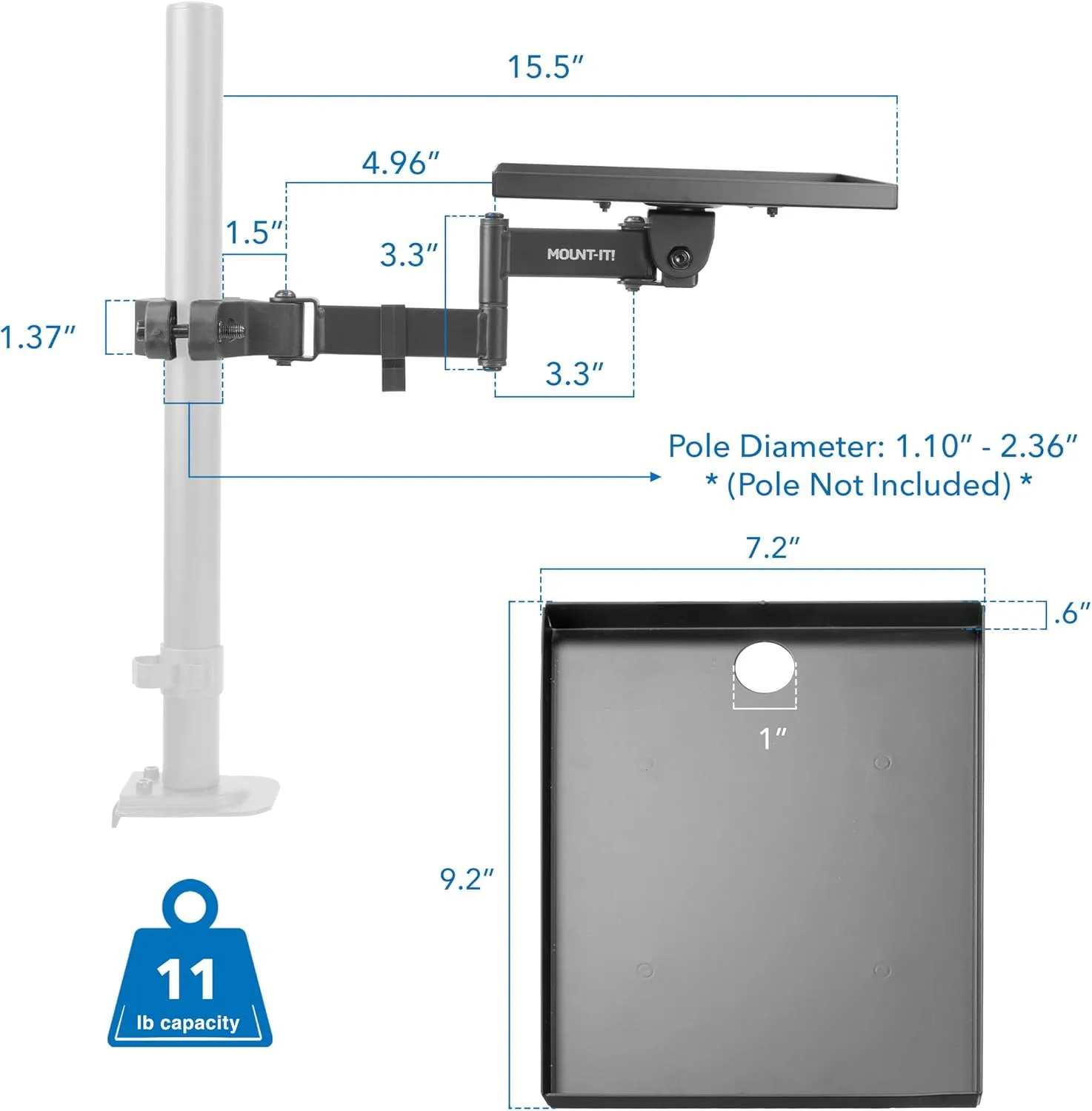 Mount-It! Printer Pole Mount for Thermal Label Printers, Full Motion Arm with Rotating Tray, Holds up to 11 lbs, Swivel