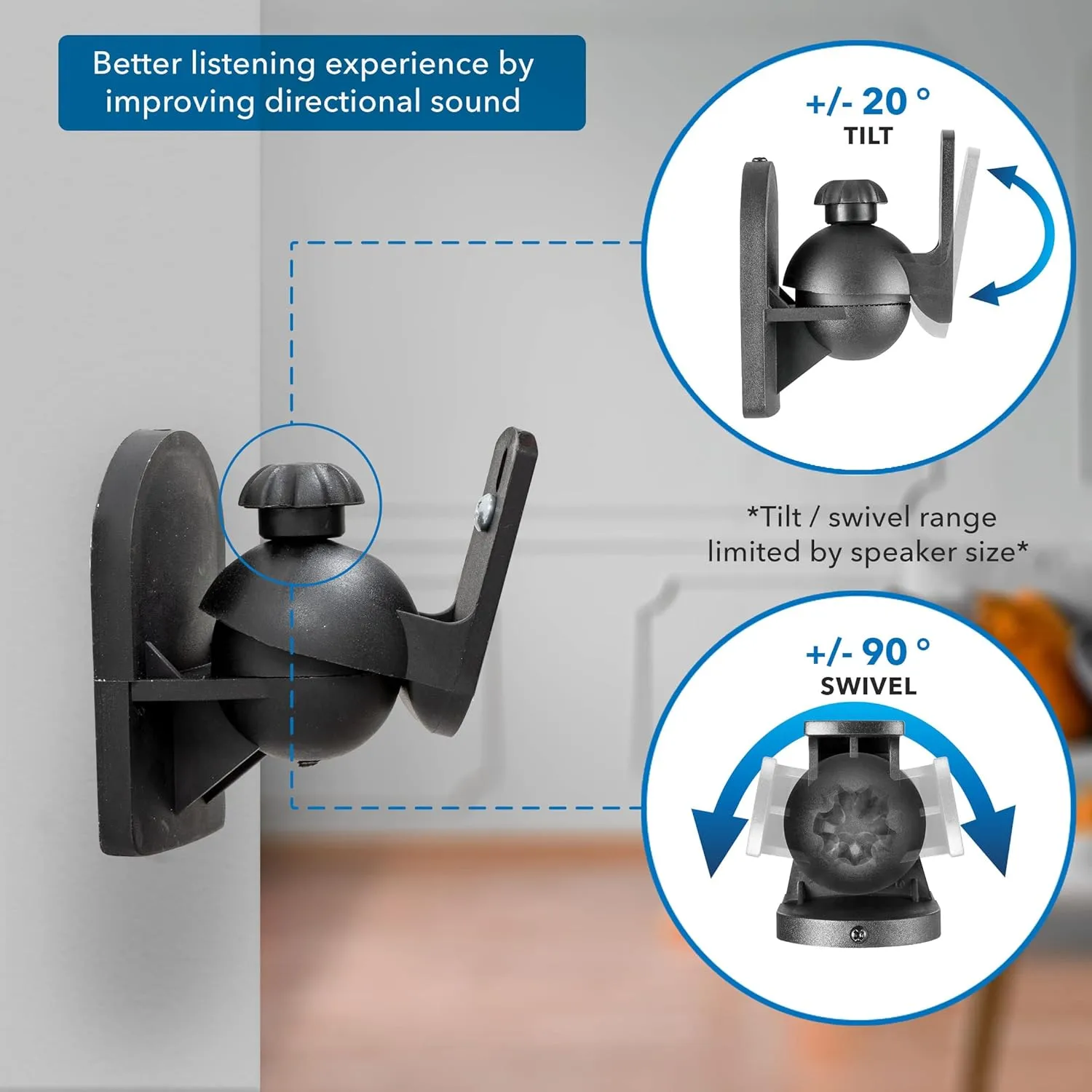 Mount-It! Speaker Wall Mount Full Motion Brackets for Surround Sound Satellite Ceiling and Bookshelf Speakers, 2 Mounts