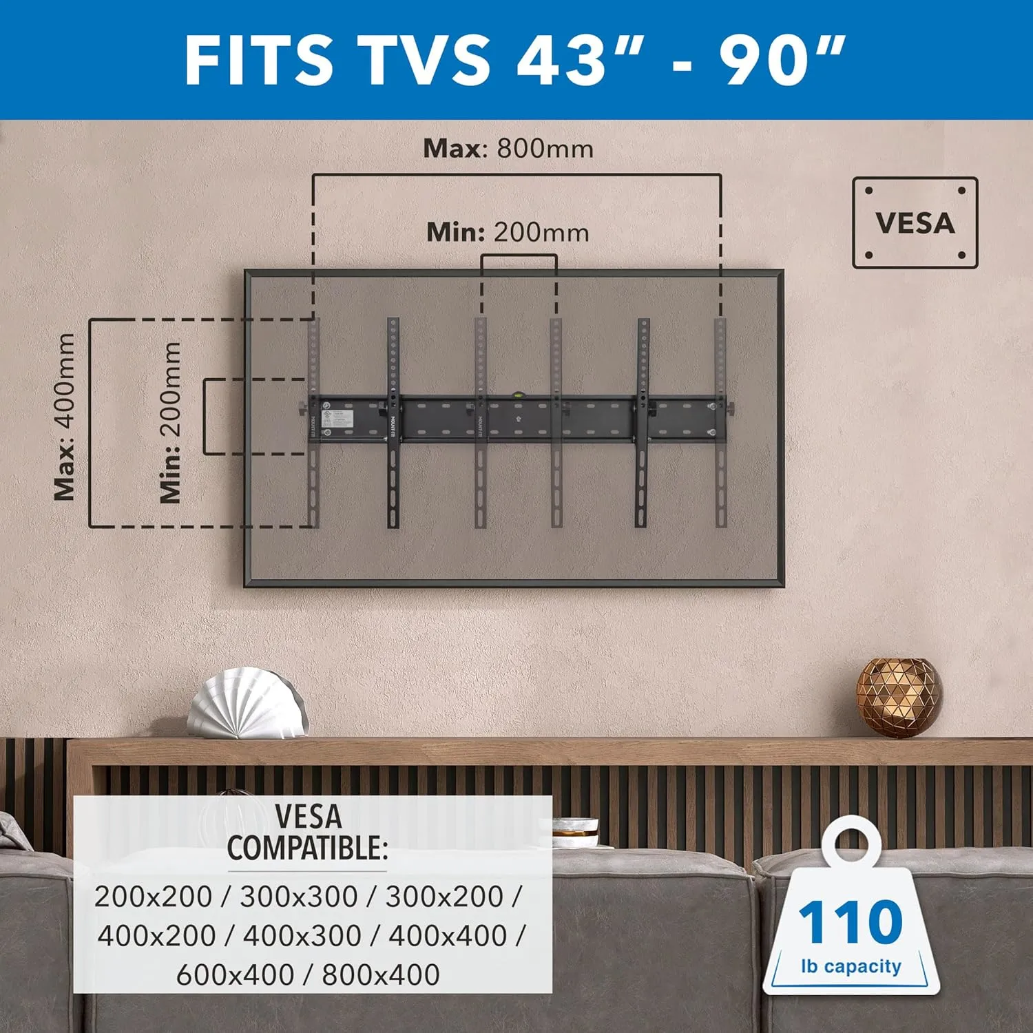 Mount-It! UL Certified Tilting TV Wall Mount for Most 43-90 Inch Flat Screen TVs