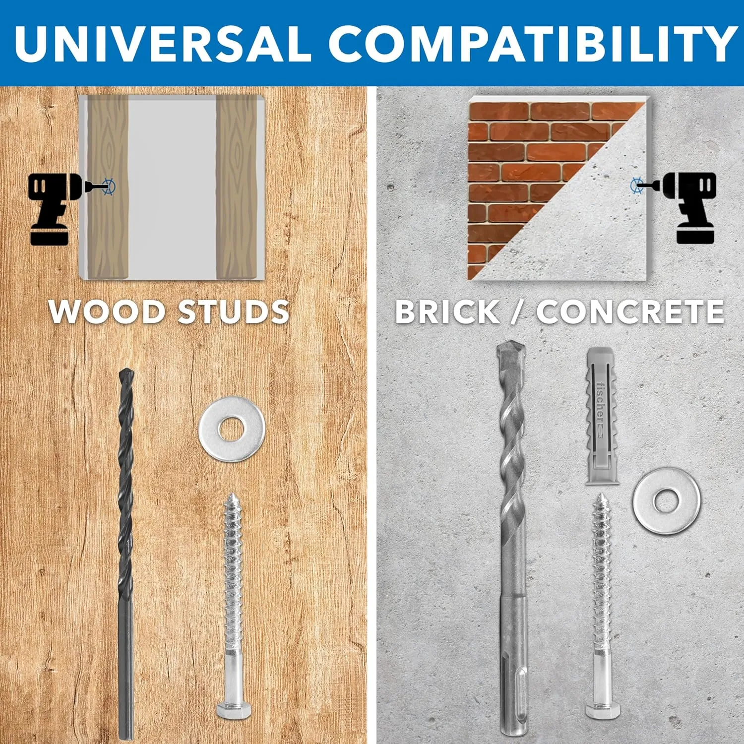 Mount-It! Universal TV Mounting Hardware Kit, Lag Screw and Drill Bit Set Includes Screws, Washers, Fischer Anchors