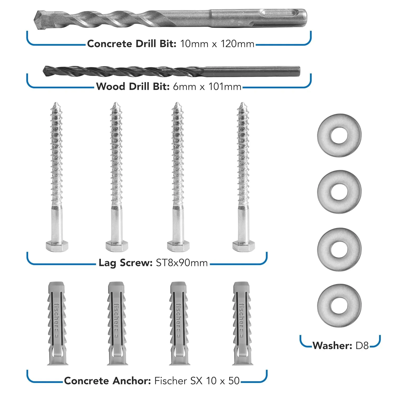 Mount-It! Universal TV Mounting Hardware Kit, Lag Screw and Drill Bit Set Includes Screws, Washers, Fischer Anchors