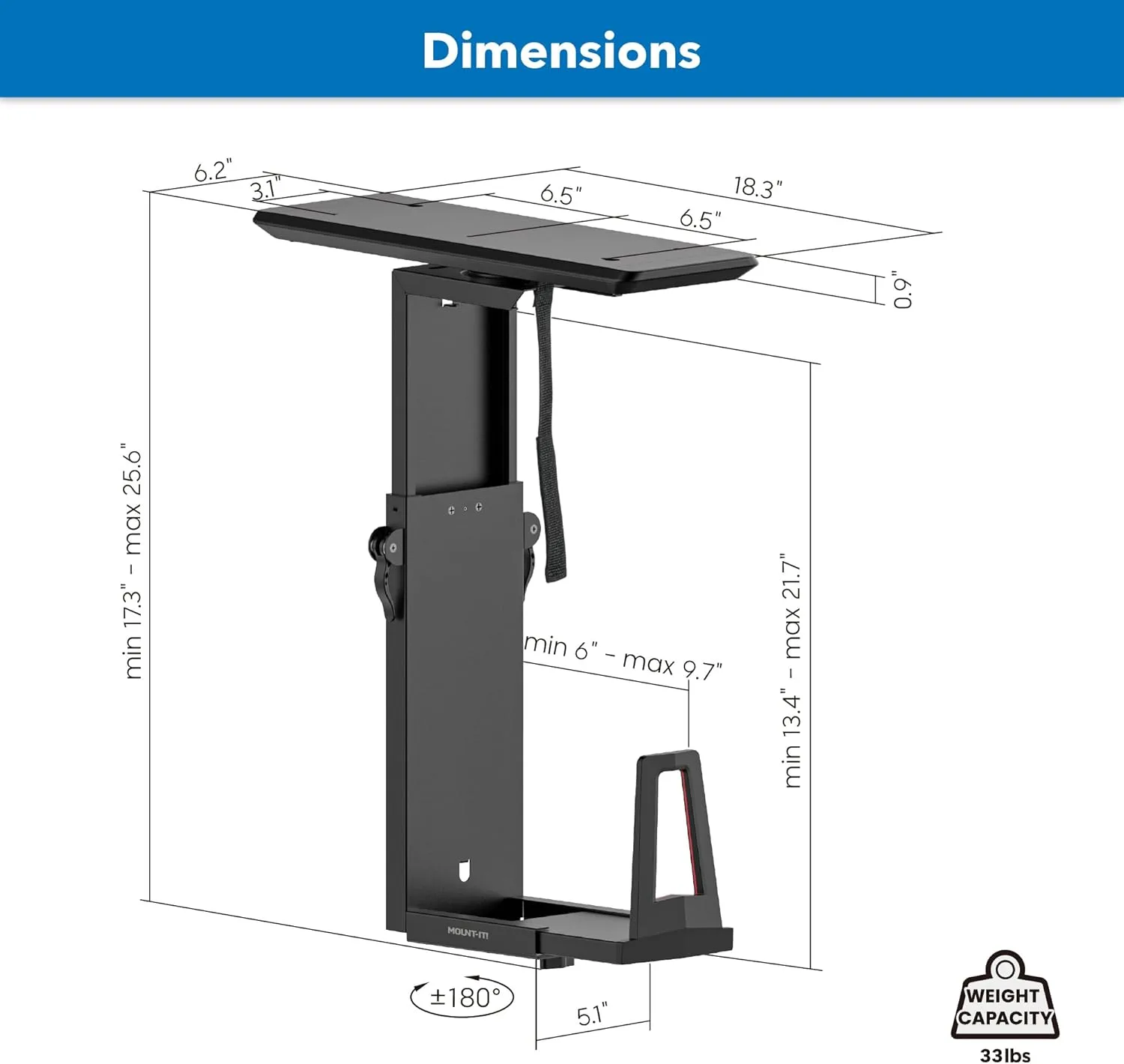 Mount-It! CPU Under Desk Mount Bracket Rack, Adjustable Computer Tower Desk Mount with Sliding Track, 33 lbs Capacity, Black