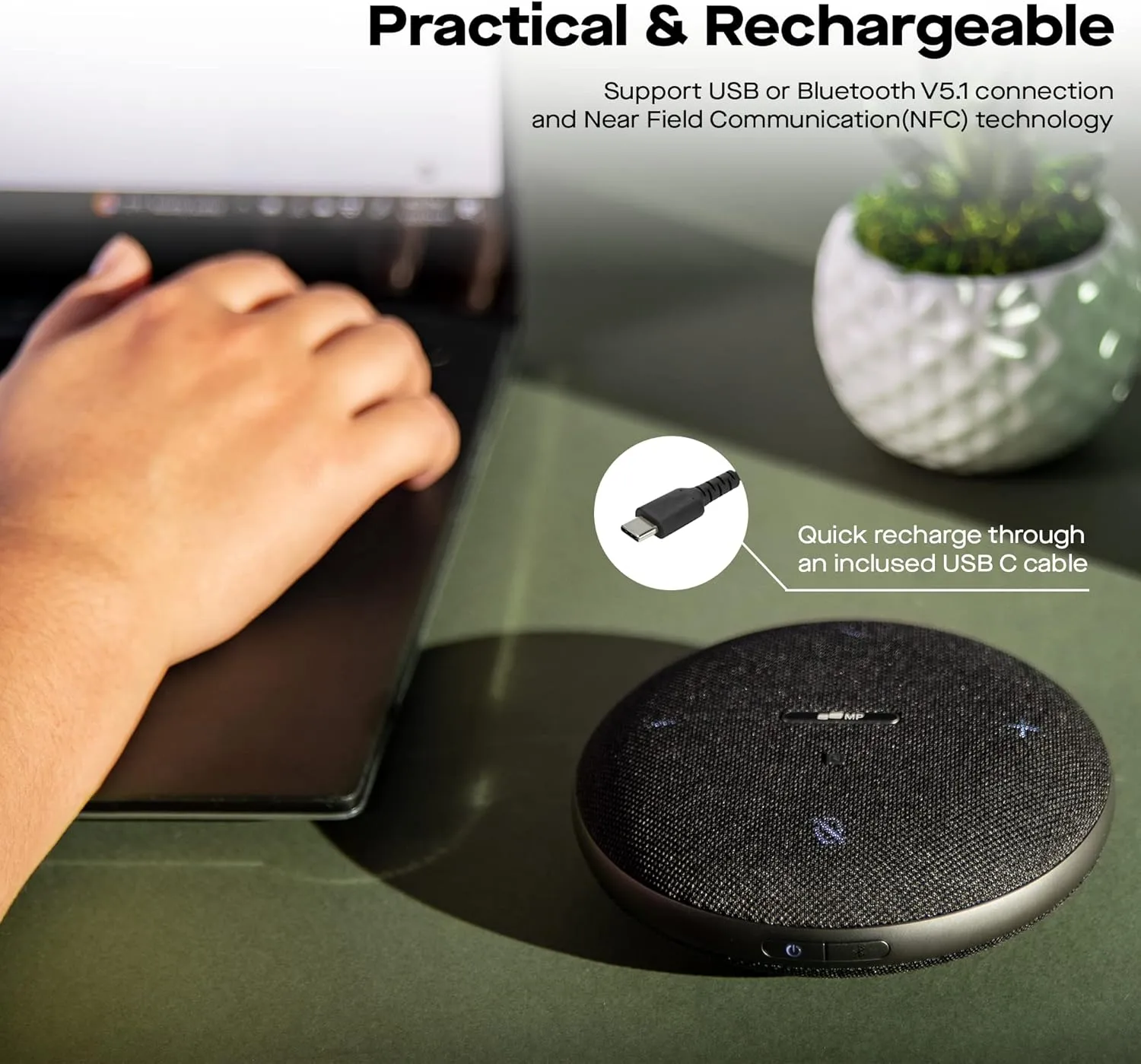 MP Mobile Pixels Bluetooth Conference Speakers with 4 Microphone, 13ft Omnidirectional Voice Pickup, USB-C Plug&Play，Noise Reduction, Compatible with Zoom/Teams/Skype/Google Meet