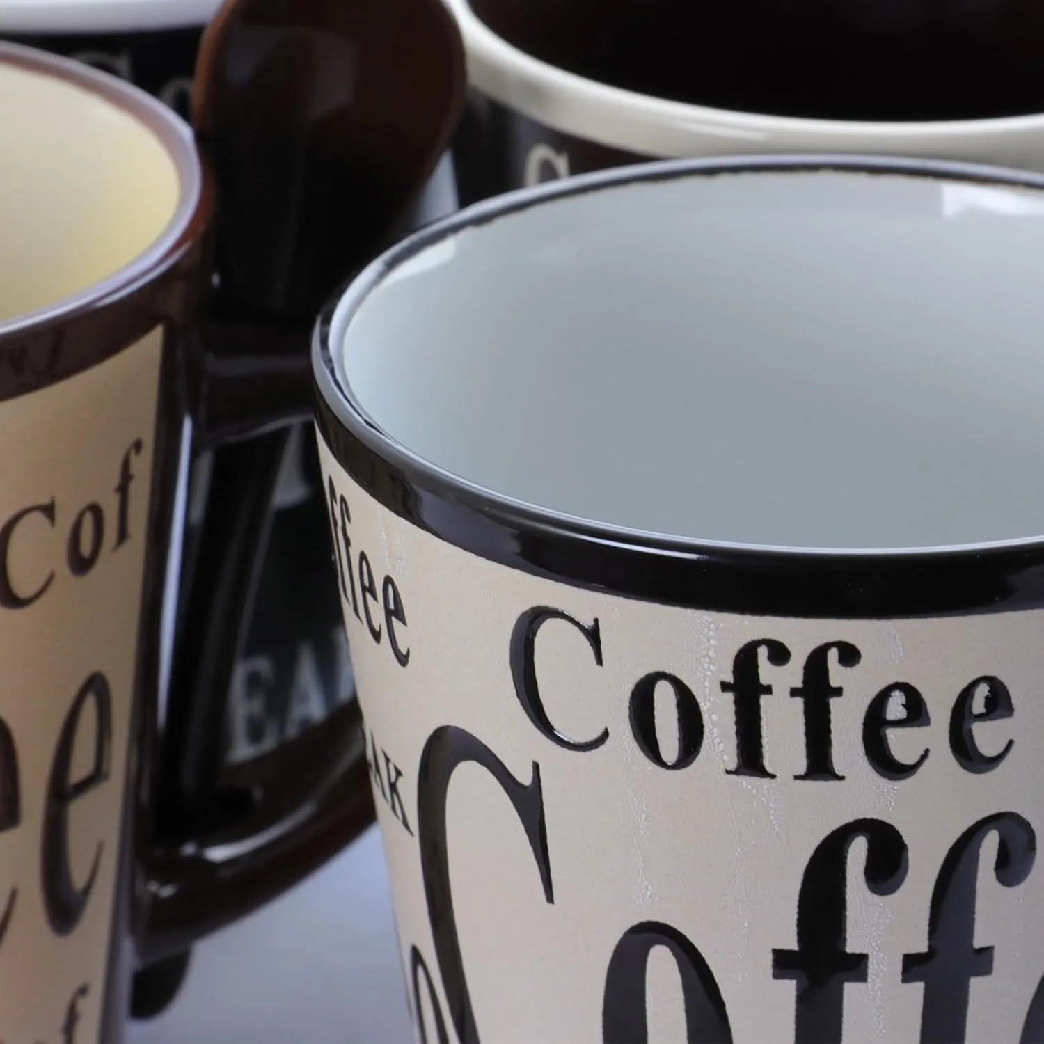 Mr. Coffee Mug And Spoon Set, Bareggio, 12 Oz., Taupe/Black, Set Of 4 Mugs With Matching Spoons