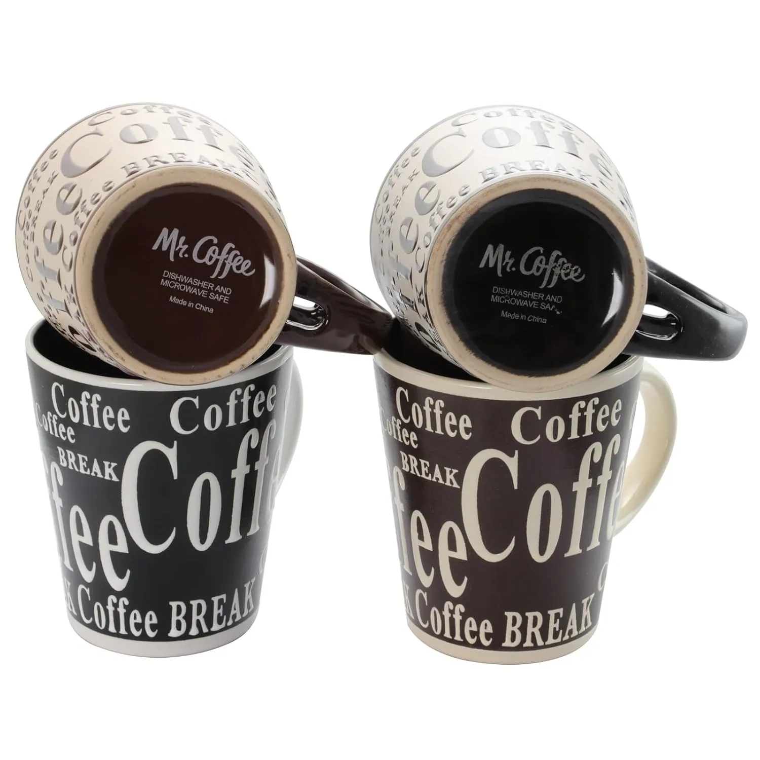 Mr. Coffee Mug And Spoon Set, Bareggio, 12 Oz., Taupe/Black, Set Of 4 Mugs With Matching Spoons