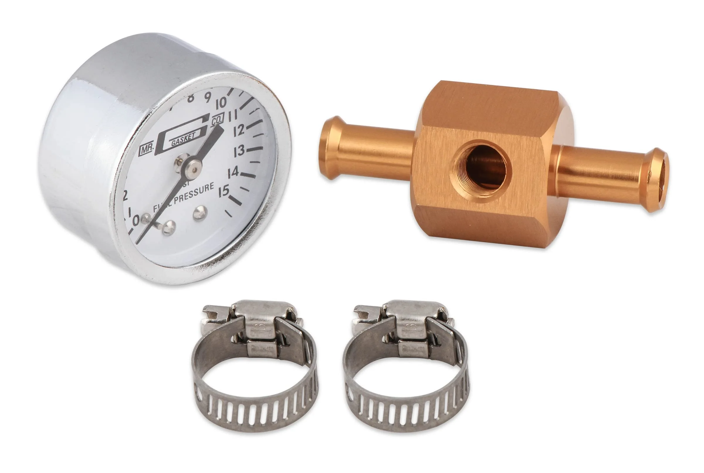 Mr. Gasket Fuel Block With 0-15 PSI Pressure Gauge, Silver, 1.500 in.
