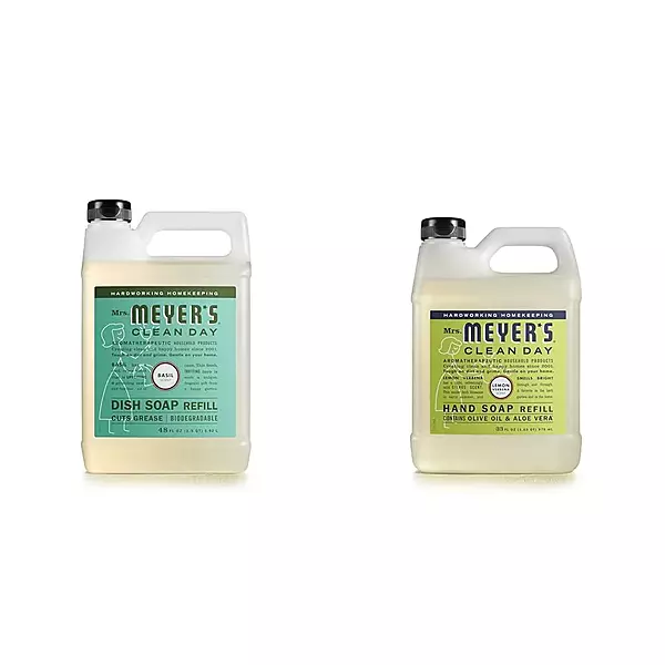 MRS. MEYER'S CLEAN DAY Basil Dish Soap (48 oz) & Lemon Verbena Hand Soap (33 oz) Bundle