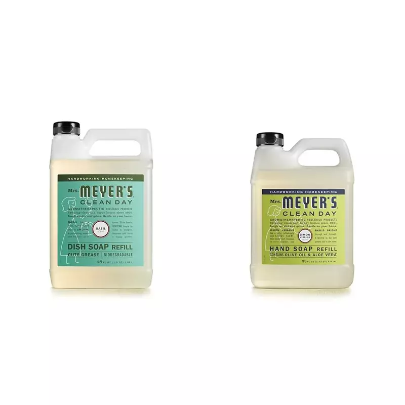 MRS. MEYER'S CLEAN DAY Basil Dish Soap (48 oz) & Lemon Verbena Hand Soap (33 oz) Bundle