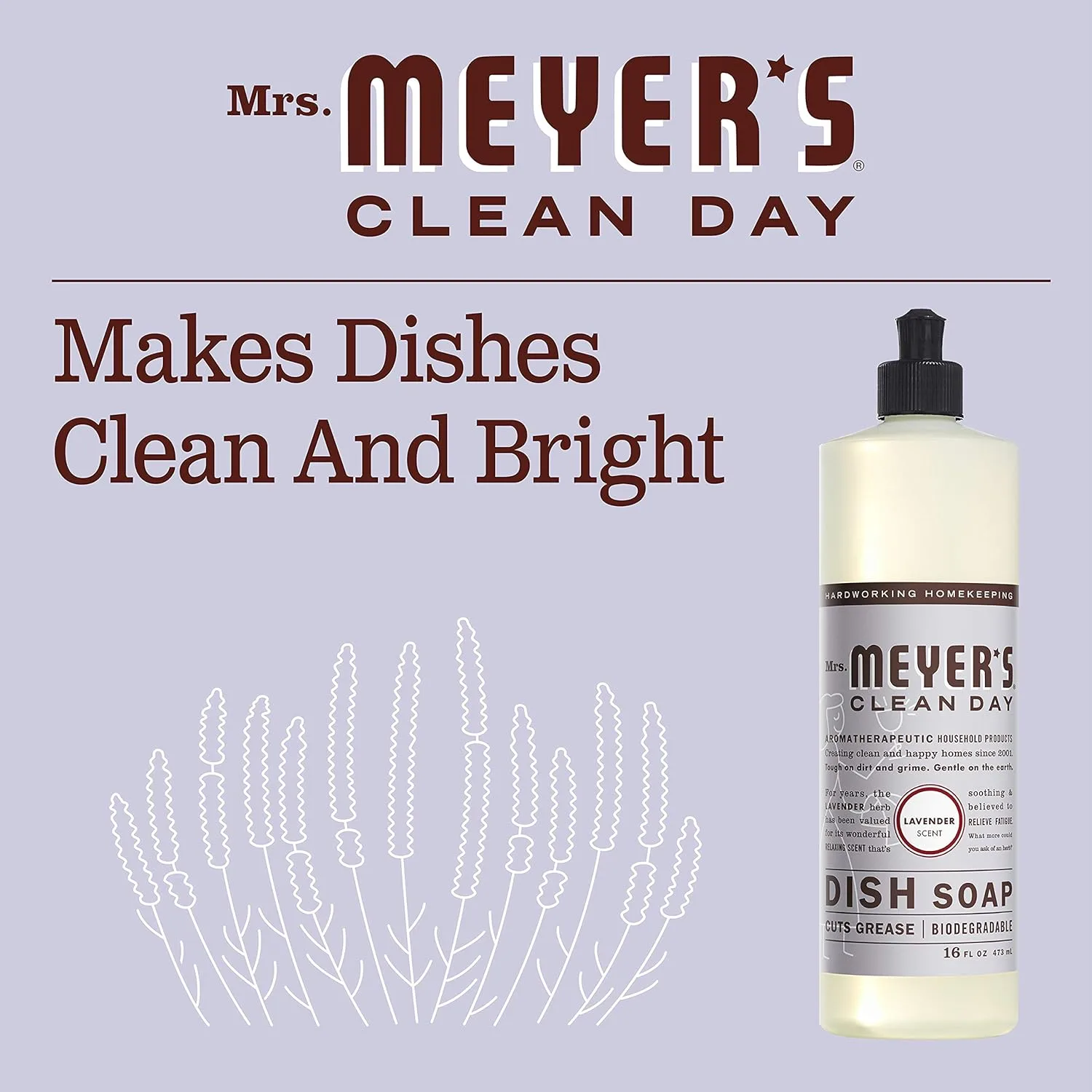 MRS. MEYER'S CLEAN DAY Liquid Dish Soap, Biodegradable Formula, Lavender, 16 fl. oz - Pack of 3 Lavender 48 Fl Oz (Pack of 1)