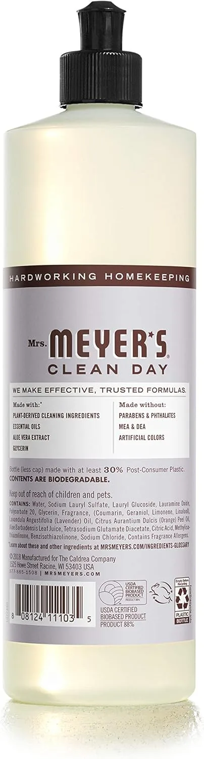MRS. MEYER'S CLEAN DAY Liquid Dish Soap, Biodegradable Formula, Lavender, 16 fl. oz - Pack of 3 Lavender 48 Fl Oz (Pack of 1)