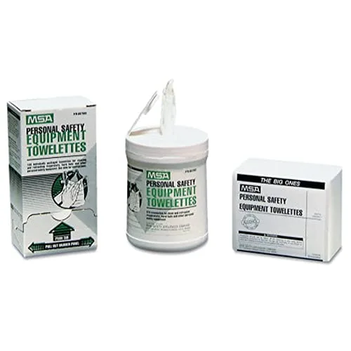 MSA 697383 Personal Safety Equipment Towelettes - Pack of 100 Wipes, Moist Towels for Work Gear, Disposable, Refreshes Tools