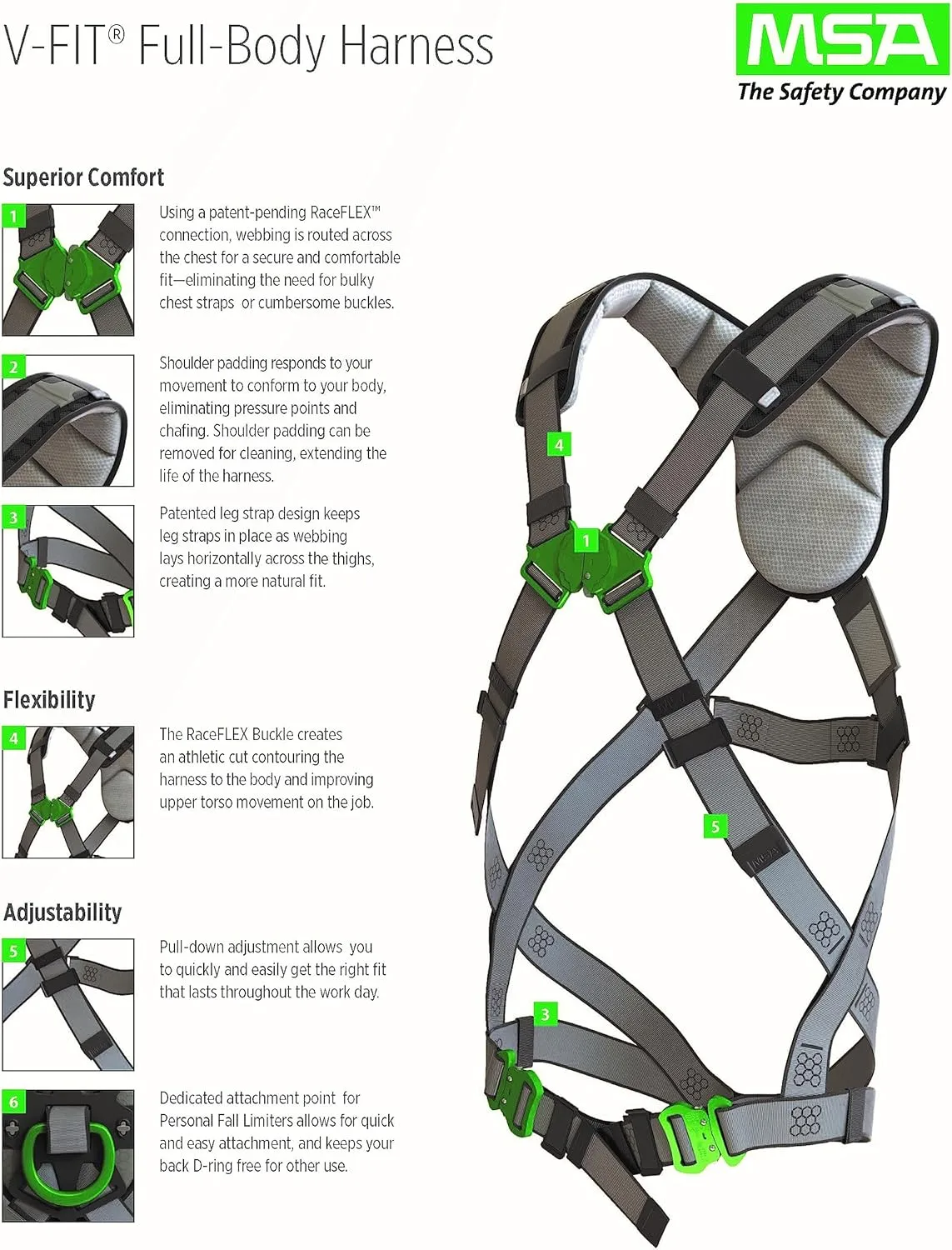 MSA V-FIT Derrick Full-Body Harness - Back/Chest/Hip D-Rings, Tongue-Buckle Leg Straps, Shoulder/Lumbar Padding