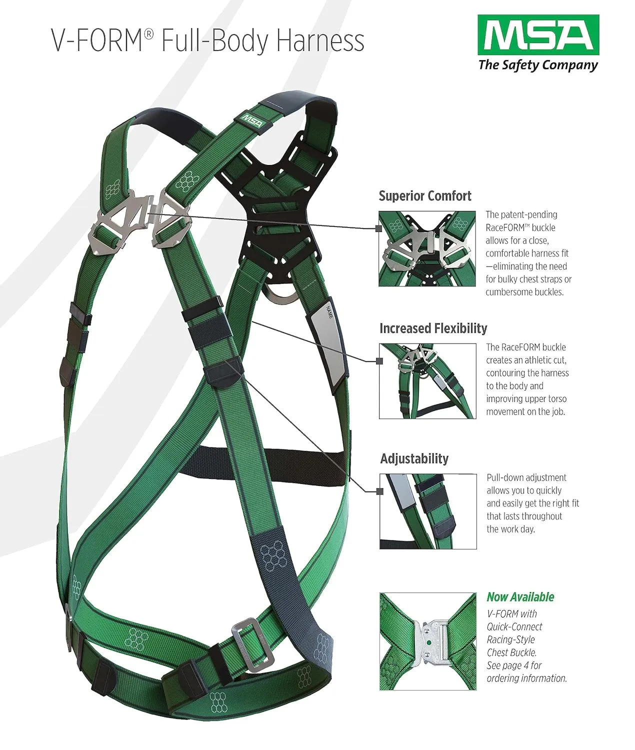 MSA 10197231 V-Form Full Body Safety Harness - Size: Extra Large, D-Ring Configuration: Back/Hip, Qwik Fit Leg Straps