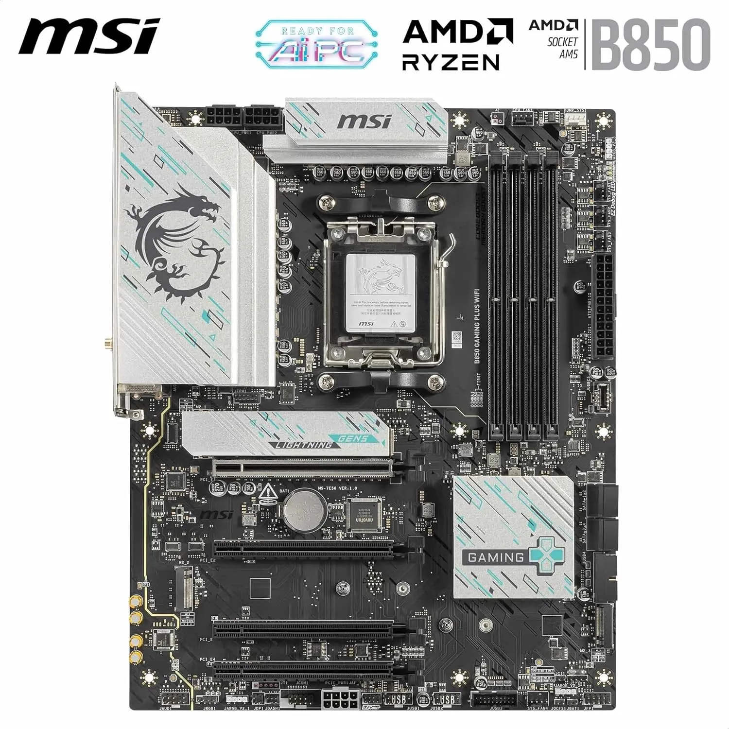 MSI B850 Gaming Plus WiFi Motherboard ATX, AM5, DDR5, PCIe 5.0, M.2 Gen5, Wi‑Fi 7