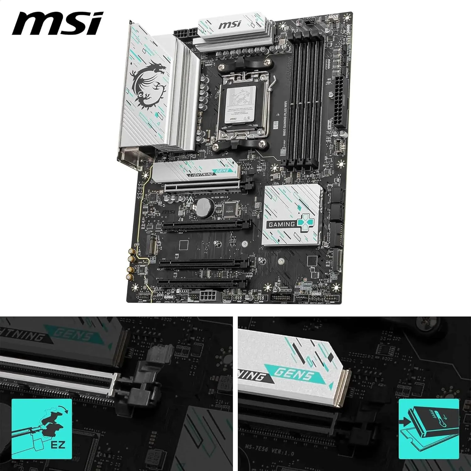 MSI B850 Gaming Plus WiFi Motherboard ATX, AM5, DDR5, PCIe 5.0, M.2 Gen5, Wi‑Fi 7
