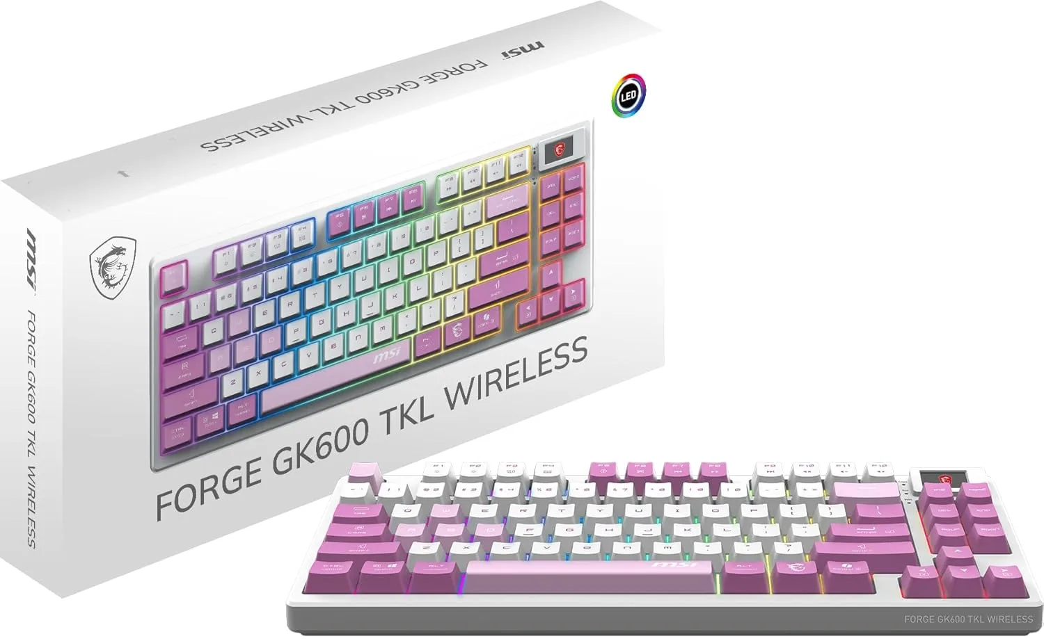 MSI Forge GK600 TKL W Violet US - Mechanical Linear SWITCHES - Dye-Sublimated PBT Keycaps, Anti-Slip Base, RGB LED, USB 2.0, Bluetooth, 2.4 GHz - Tenkeyless