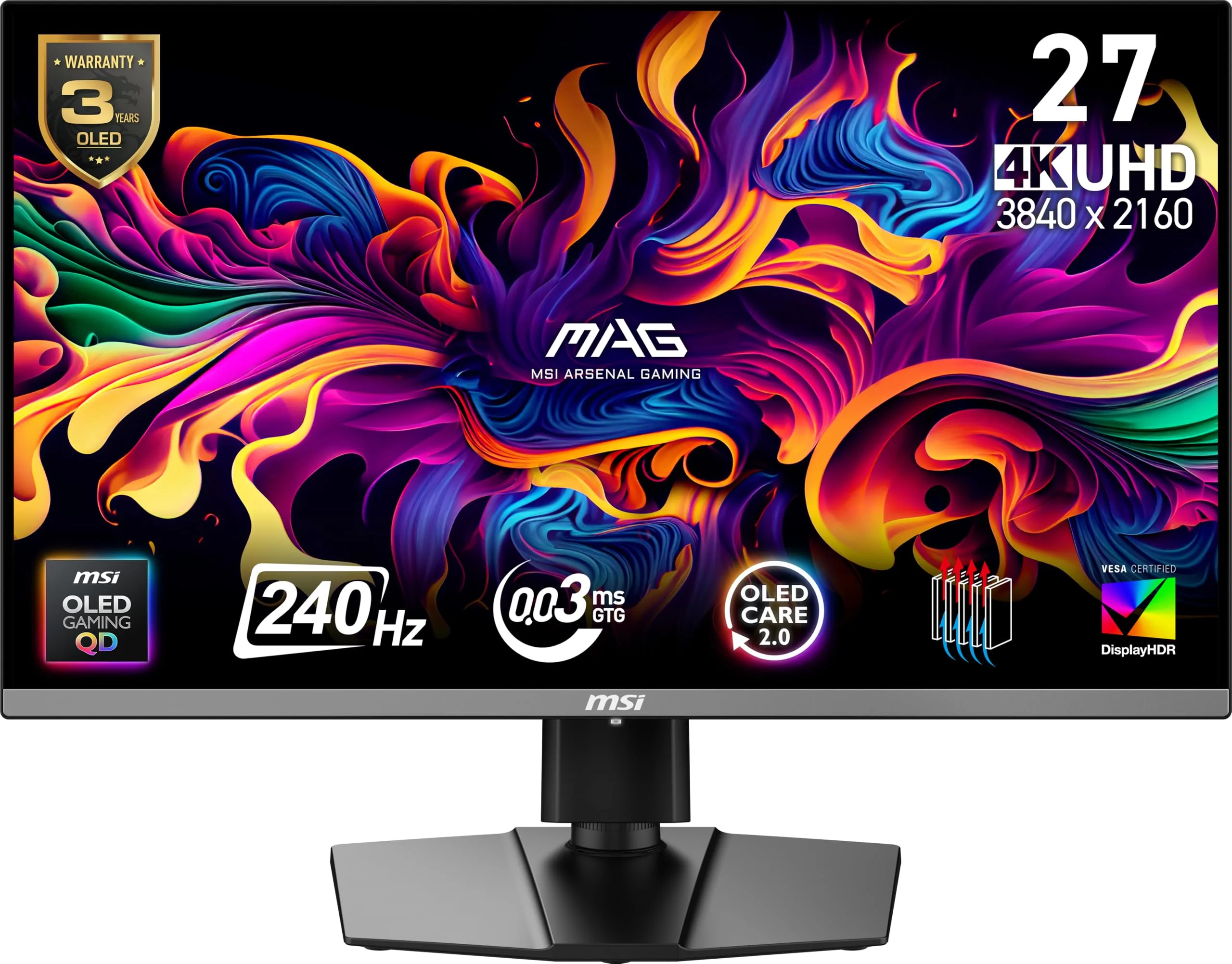 MSI MAG 272UP QD-OLED X24 26.5-inch 3840 x 2160 (UHD) Gaming Monitor, 240Hz, AMD Adaptive-Sync, HDR Ready, HDMI, VGA Port, VESA Mountable, Tilt, 4-Side Slim Bezel, 0.03ms, Black