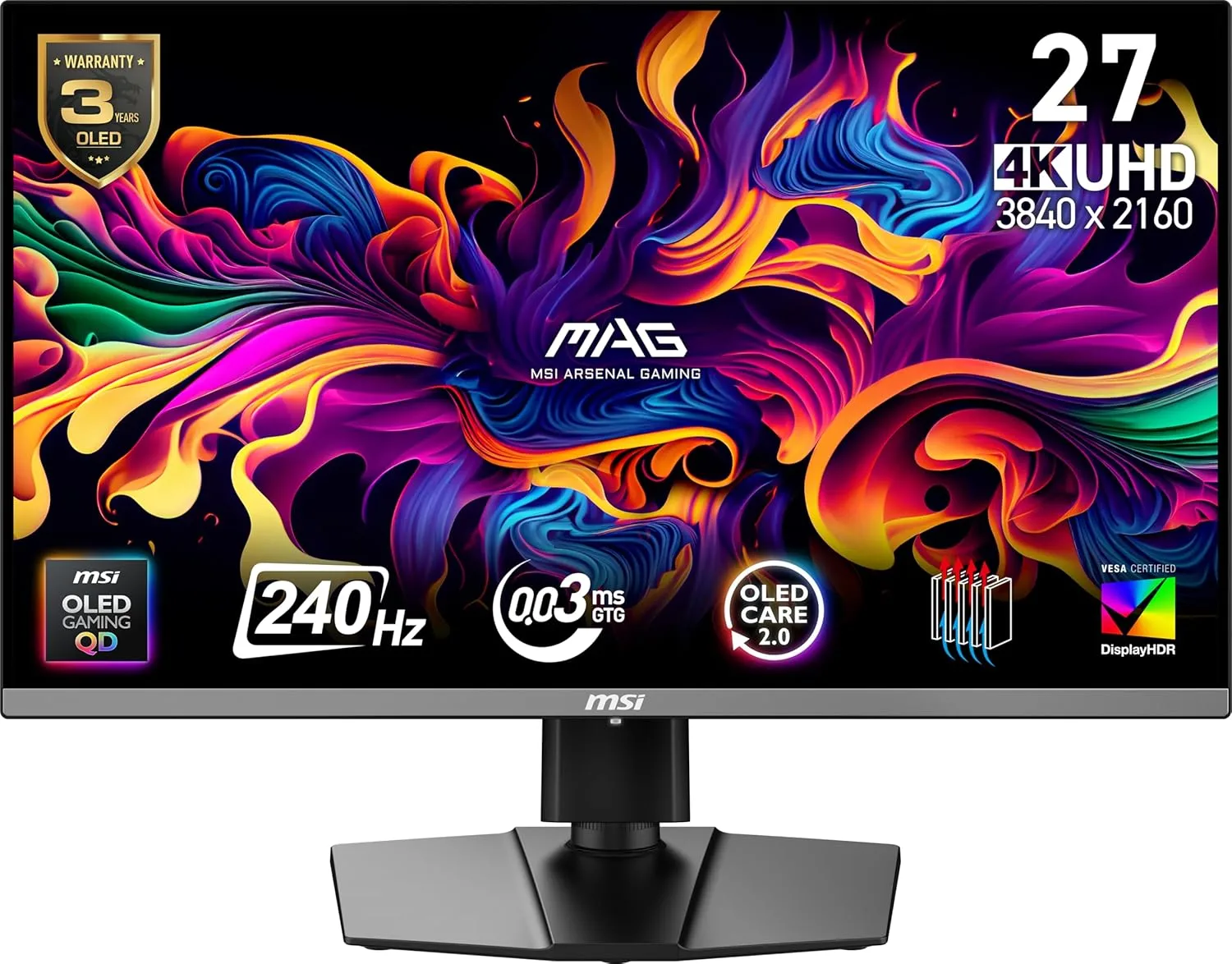 MSI MAG 272UP QD-OLED X24 26.5-inch 3840 x 2160 (UHD) Gaming Monitor, 240Hz, AMD Adaptive-Sync, HDR Ready, HDMI, VGA Port, VESA Mountable, Tilt, 4-Side Slim Bezel, 0.03ms, Black