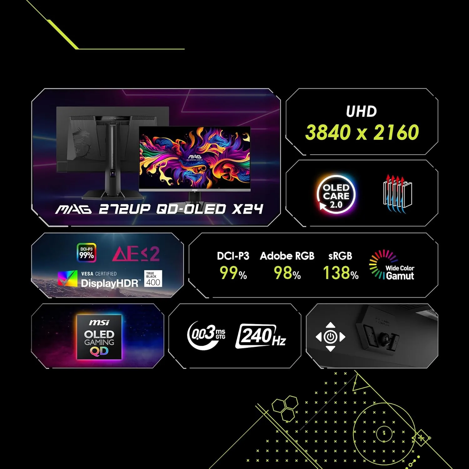 MSI MAG 272UP QD-OLED X24 26.5-inch 3840 x 2160 (UHD) Gaming Monitor, 240Hz, AMD Adaptive-Sync, HDR Ready, HDMI, VGA Port, VESA Mountable, Tilt, 4-Side Slim Bezel, 0.03ms, Black