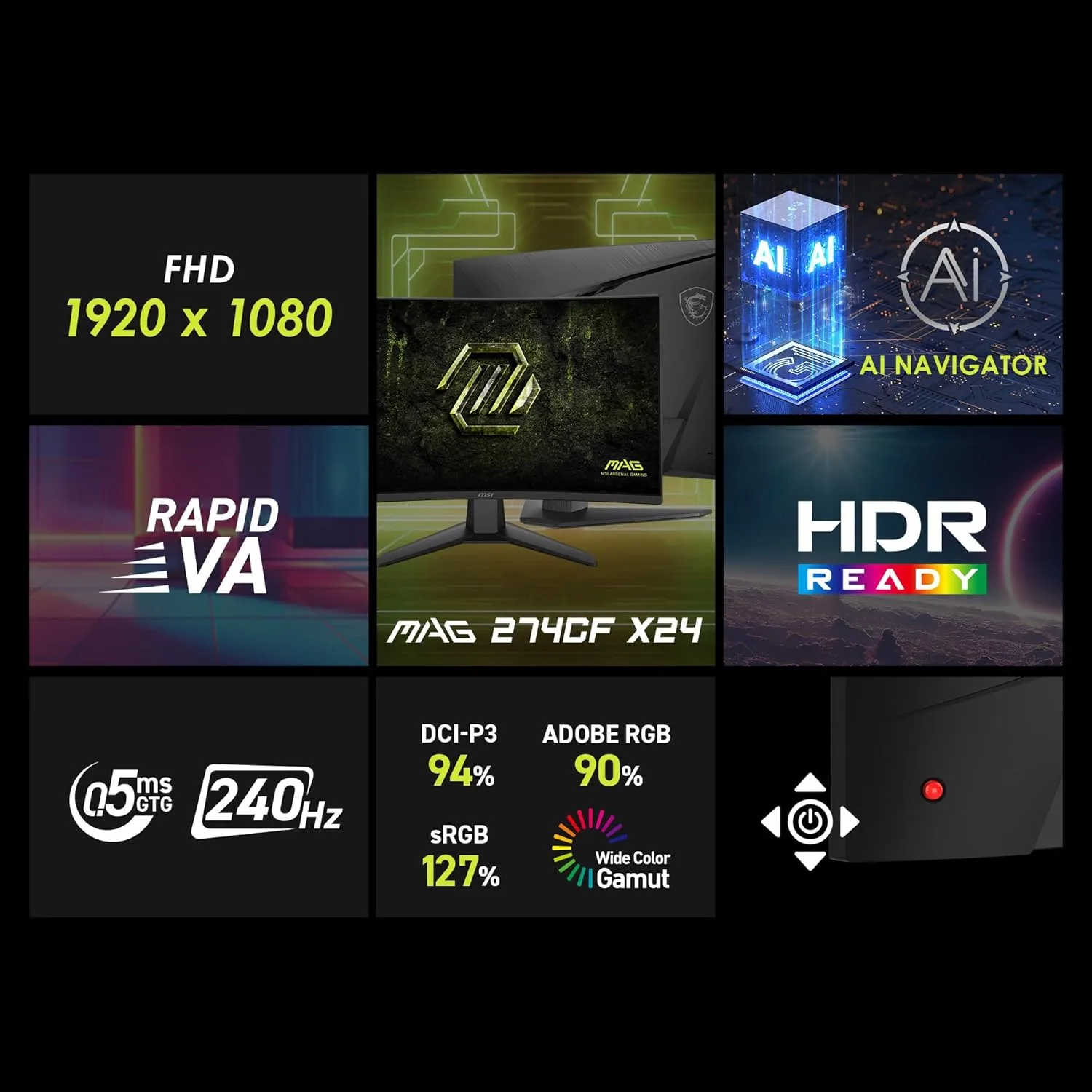MSI MAG 274CF X24 27-inch 1920 x 1080 (FHD) Gaming Monitor, 240Hz, AMD Adaptive-Sync, HDR Ready, HDMI, VGA Port, VESA Mountable, Tilt, 4-Side Slim Bezel, 0.5ms, Black