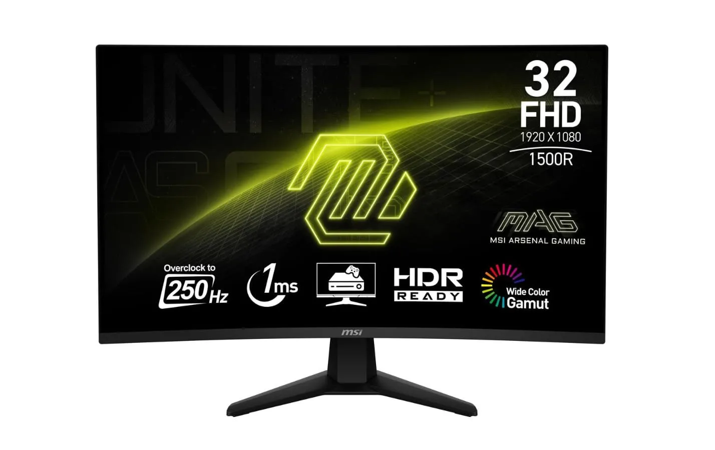 MSI MAG 32C6X 31.5-inch 1920 x 1080 (FHD) Computer Monitor, 250Hz, Adaptive-Sync, HDR Ready, HDMI, VGA Port, Display Port, VESA Mountable, Tilt, Speaker, 1ms, Black