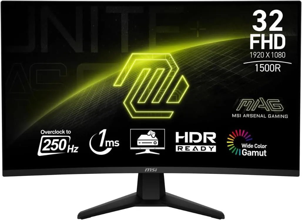 MSI MAG 32C6X 31.5-inch 1920 x 1080 (FHD) Computer Monitor, 250Hz, Adaptive-Sync, HDR Ready, HDMI, VGA Port, Display Port, VESA Mountable, Tilt, Speaker, 1ms, Black