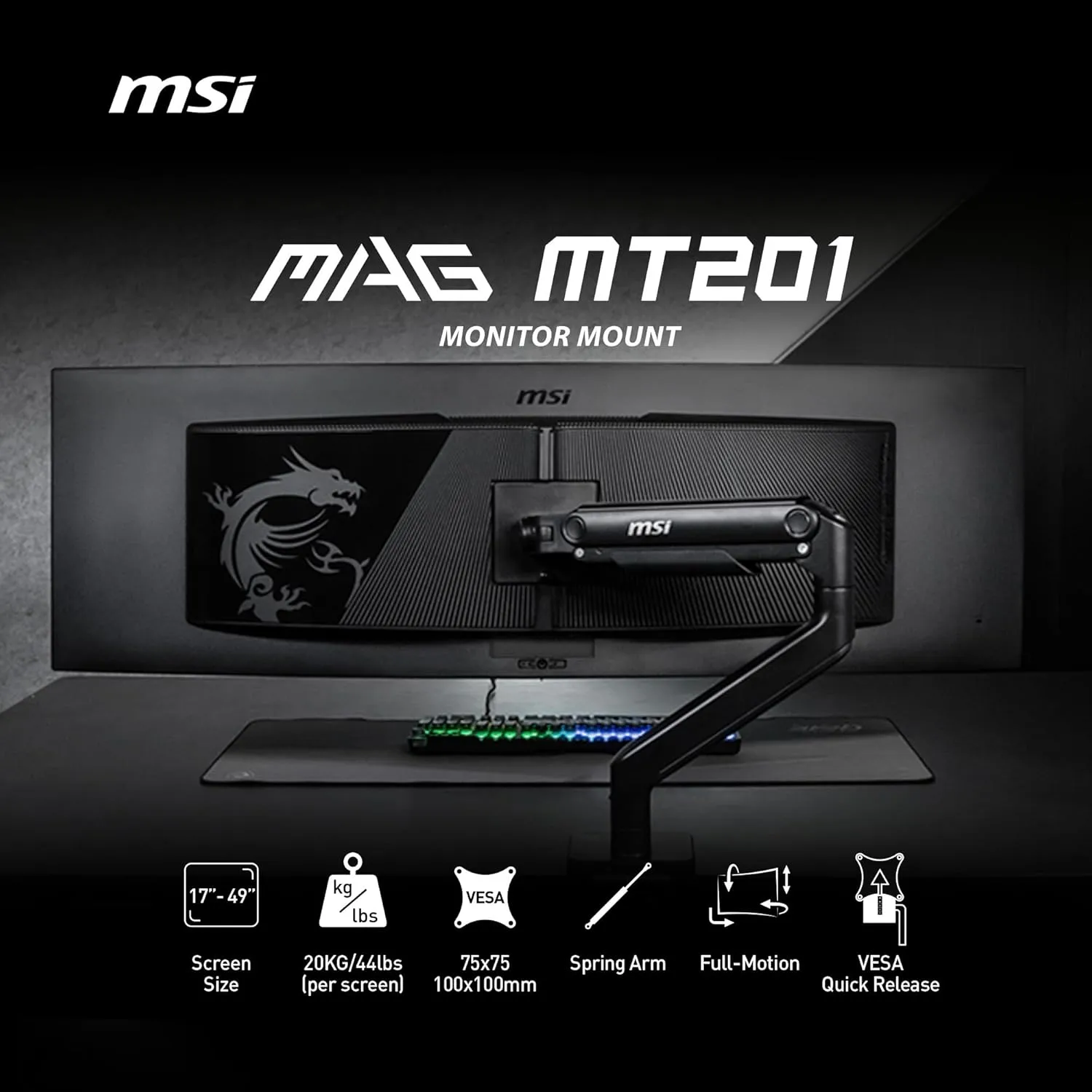 MSI MAG MT201 Premium Heavy Duty Single Monitor Arm - Supports 17-49", 44 lb Capacity