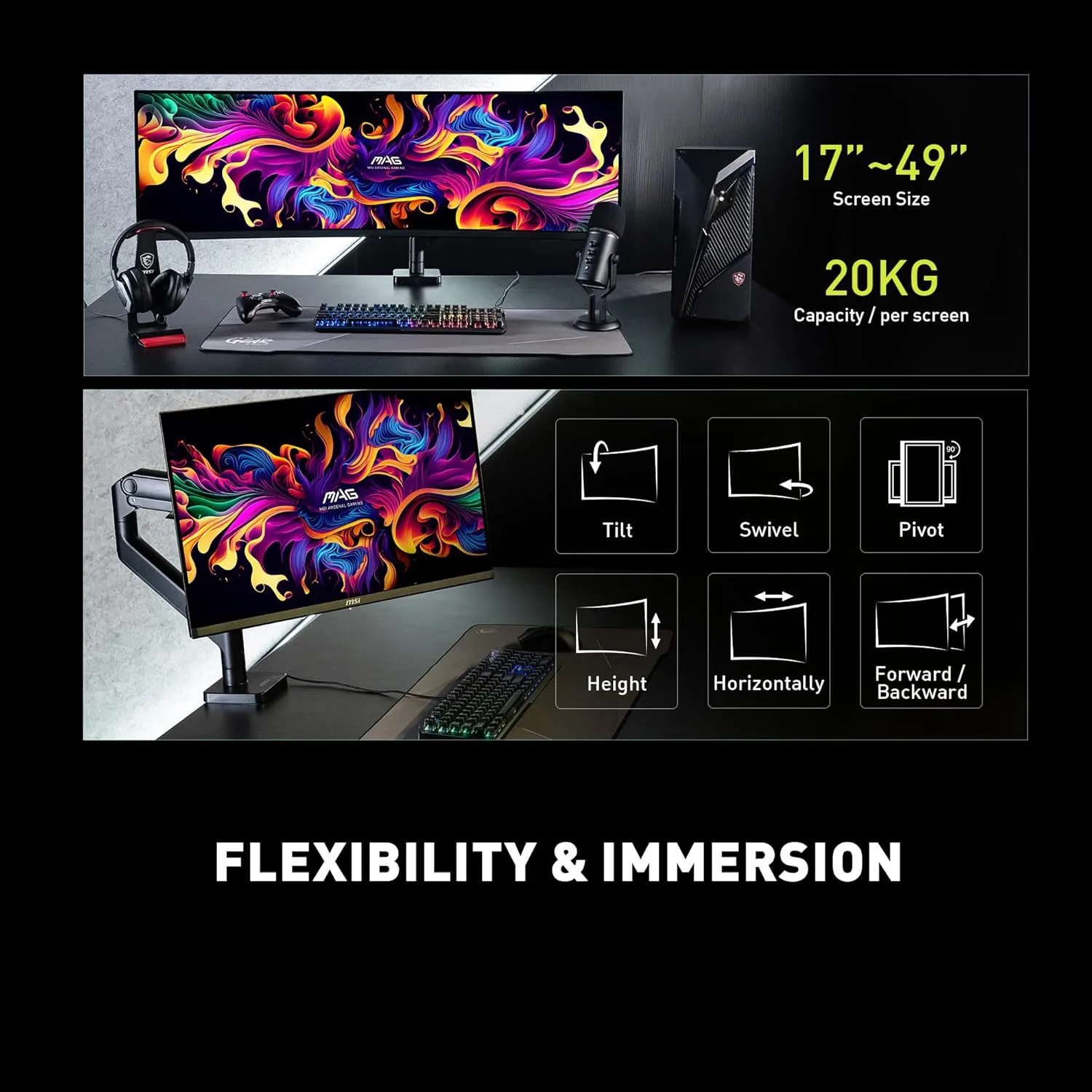 MSI MAG MT201 Premium Heavy Duty Single Monitor Arm - Supports 17-49", 44 lb Capacity