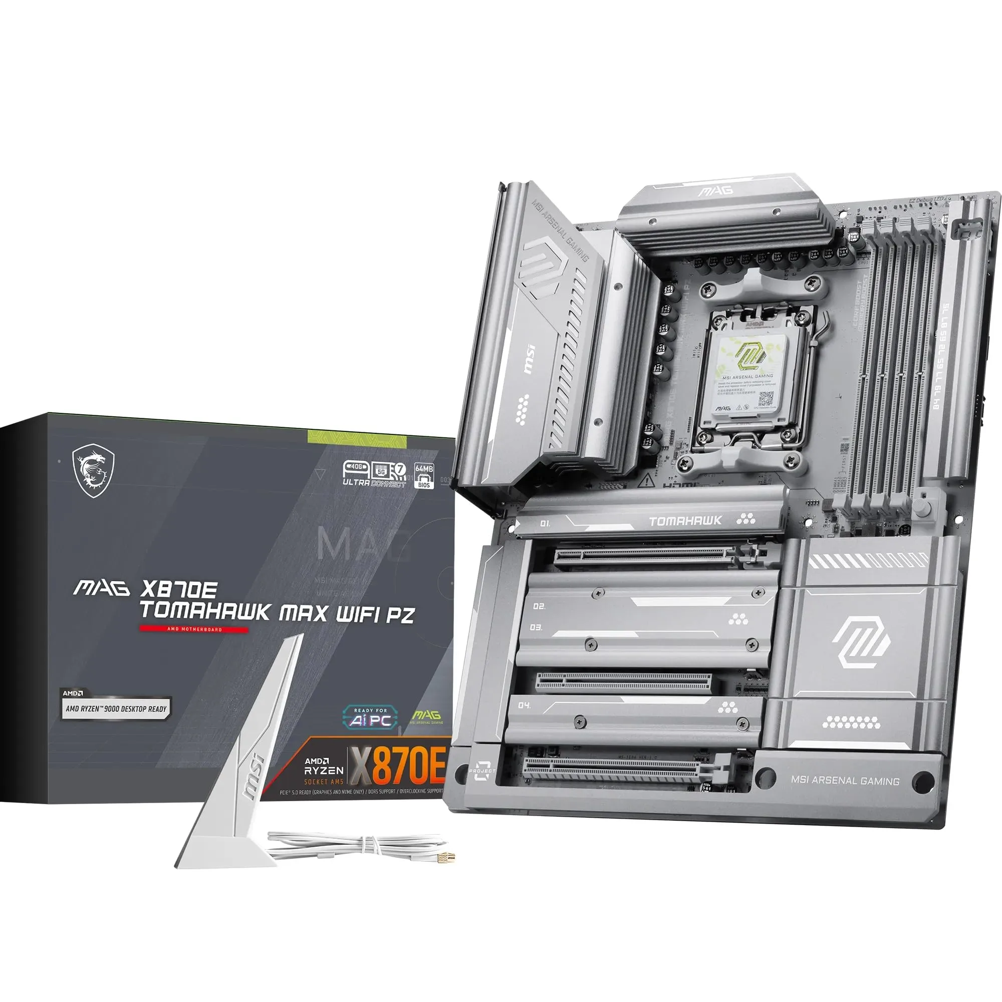 MSI MAG X870E Tomahawk MAX WiFi PZ Motherboard, ATX - Supports AMD Ryzen 9000/8000 / 7000 Processors, AM5 - DDR5 Memory Boost 8400+ MT/s (OC), PCIe 5.0 x16, M.2 Gen5, Wi-Fi 7, 5G LAN