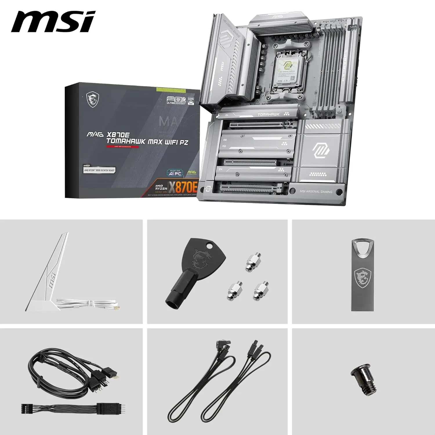 MSI MAG X870E Tomahawk MAX WiFi PZ Motherboard, ATX - Supports AMD Ryzen 9000/8000 / 7000 Processors, AM5 - DDR5 Memory Boost 8400+ MT/s (OC), PCIe 5.0 x16, M.2 Gen5, Wi-Fi 7, 5G LAN