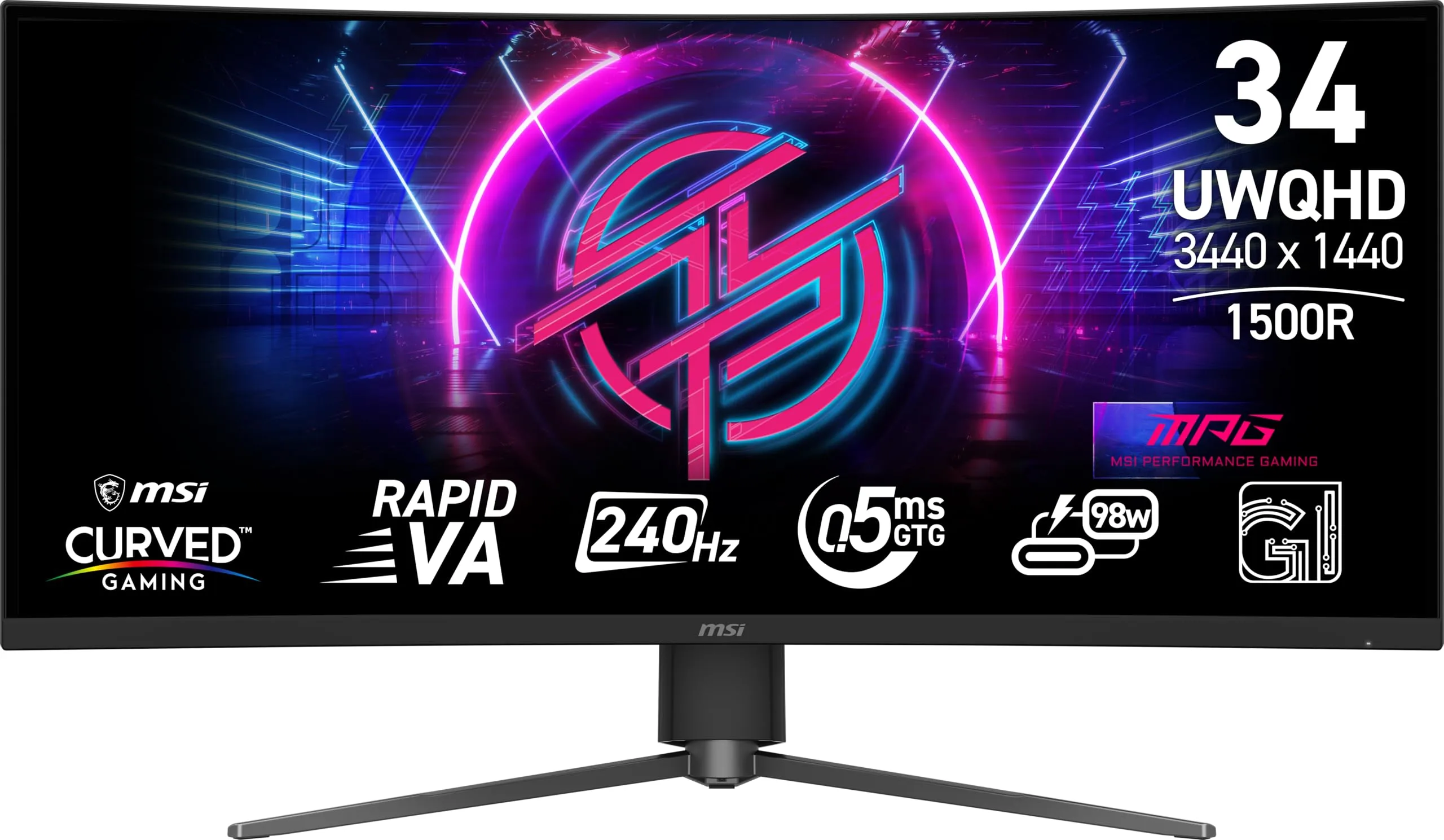 MSI MPG 346CQRF X24 34-inch 3440 x 1440 (UWQHD) Gaming Monitor, 240Hz, Adaptive-Sync, HDR Ready, HDMI, VGA Port, VESA Mountable, Tilt, 4-Side Slim Bezel, 0.5ms, Black
