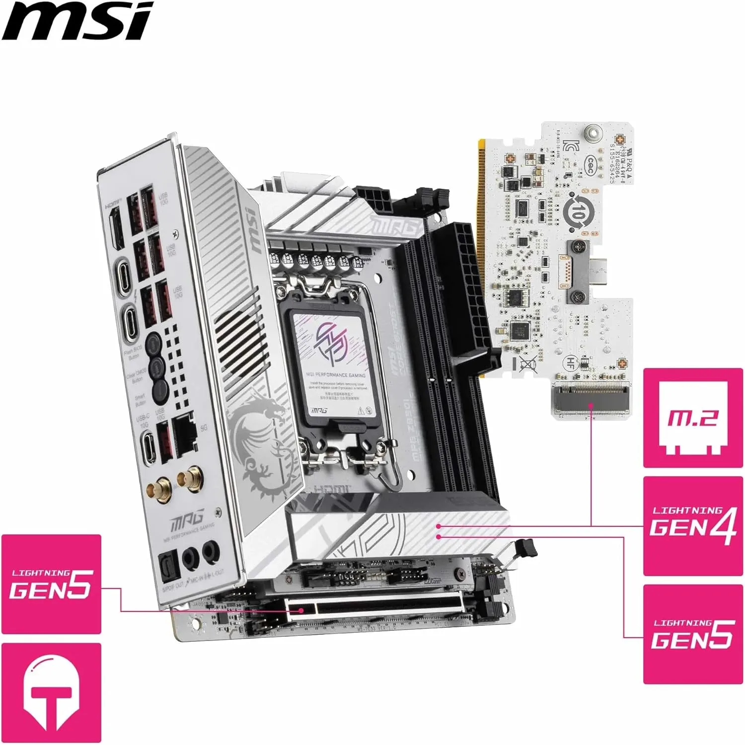 MSI MPG Z890I Edge TI WiFi Motherboard, Mini-ITX - Supports Intel Core Ultra Processors (Series 2), LGA 1851-110A SPS VRM, DDR5 Memory Boost (8600+ MT/s OC), PCIe 5.0 x16, M.2 Gen5, Wi-Fi 7, 5G LAN