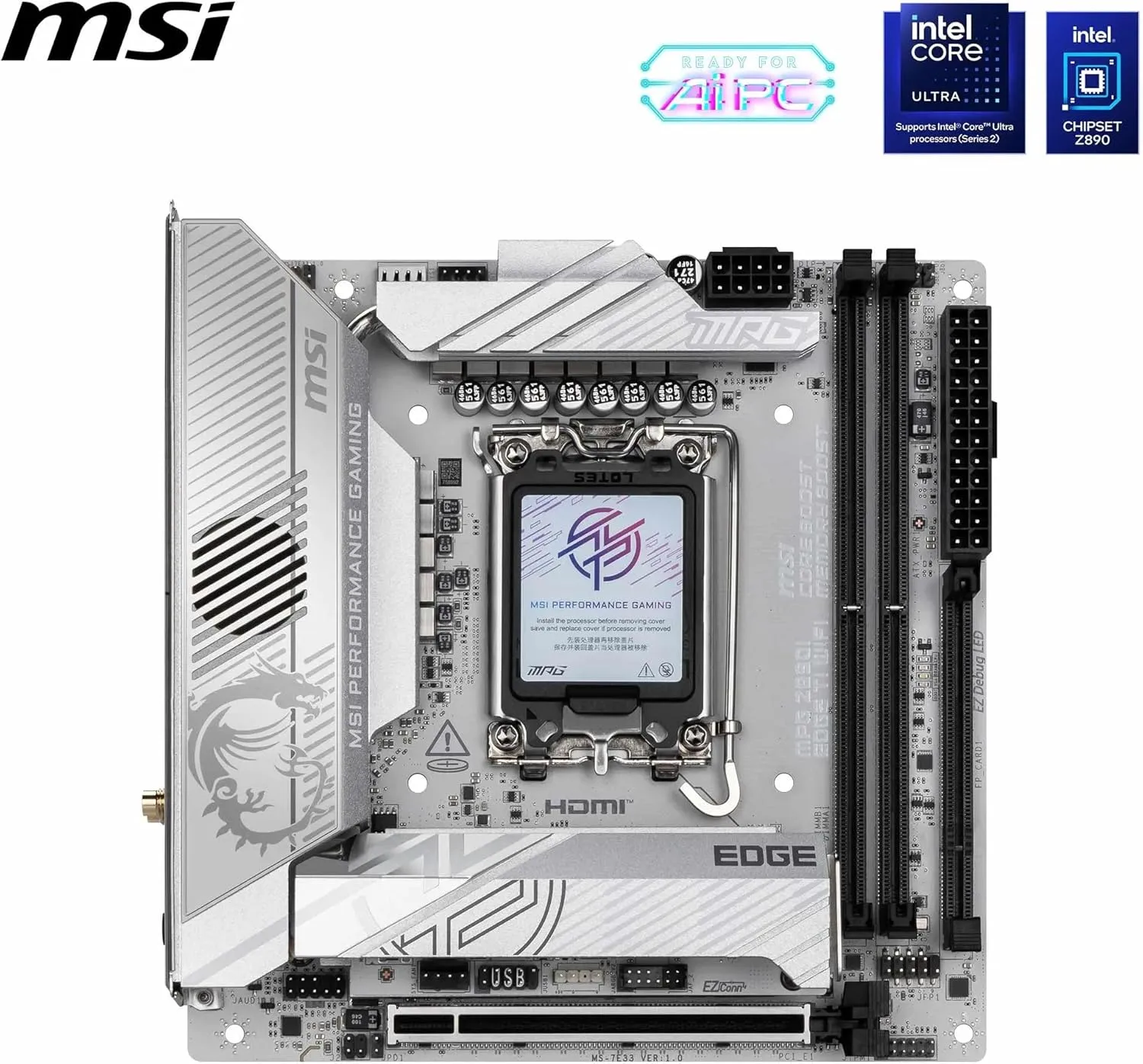 MSI MPG Z890I Edge TI WiFi Motherboard, Mini-ITX - Supports Intel Core Ultra Processors (Series 2), LGA 1851-110A SPS VRM, DDR5 Memory Boost (8600+ MT/s OC), PCIe 5.0 x16, M.2 Gen5, Wi-Fi 7, 5G LAN