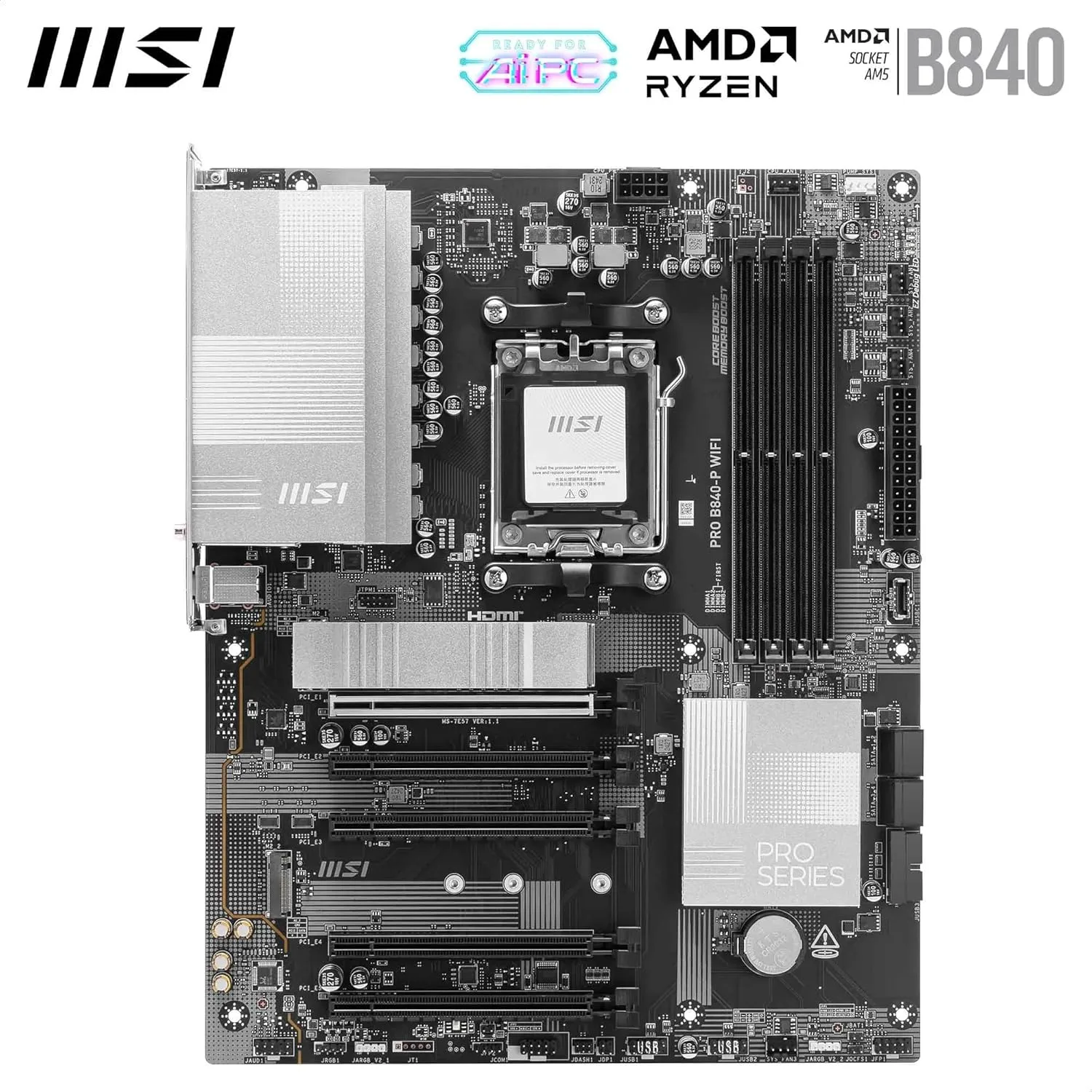 MSI PRO B840-P WiFi Motherboard, ATX, AM5, DDR5, PCIe 4.0, M.2 Gen4, Wi‑Fi 7