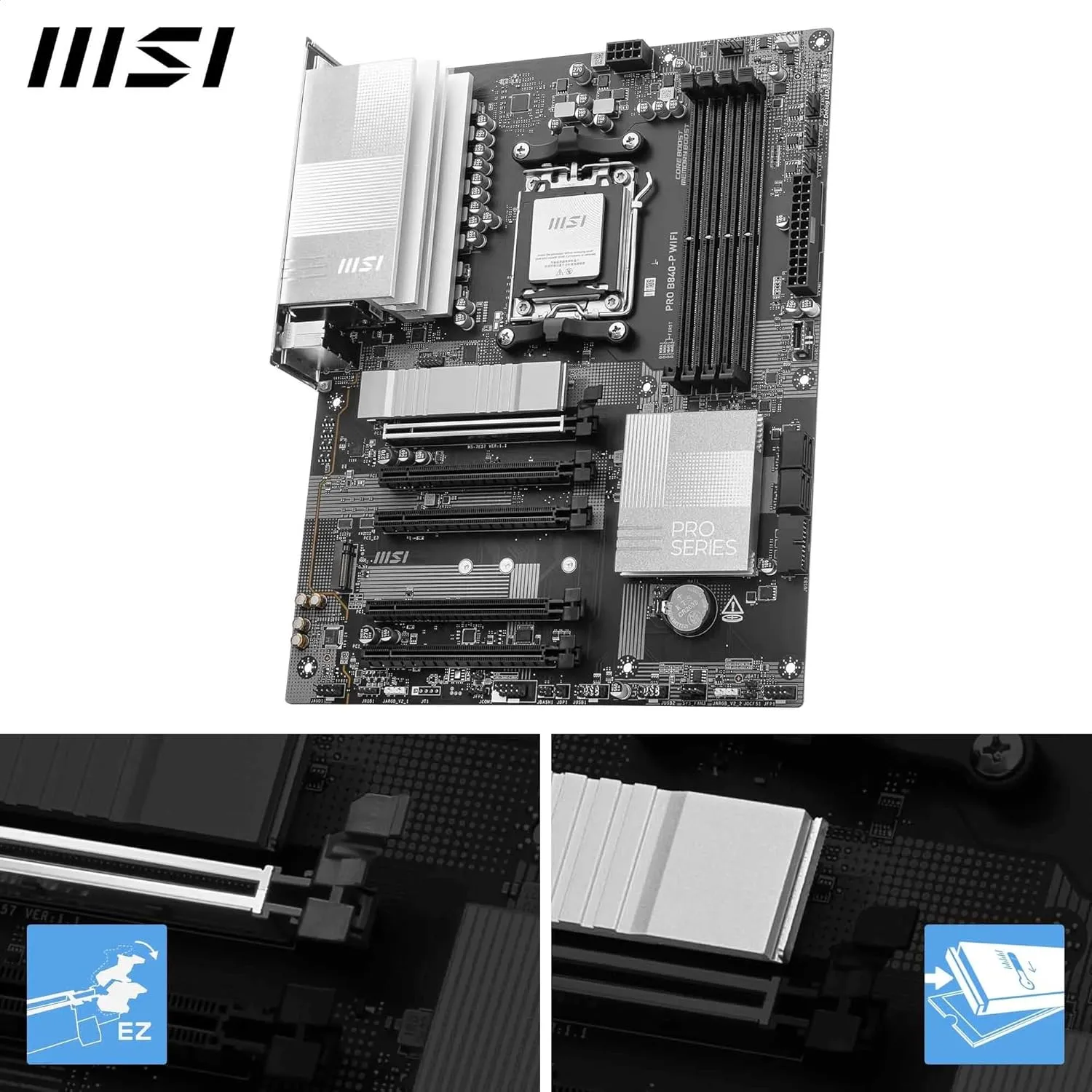 MSI PRO B840-P WiFi Motherboard, ATX, AM5, DDR5, PCIe 4.0, M.2 Gen4, Wi‑Fi 7
