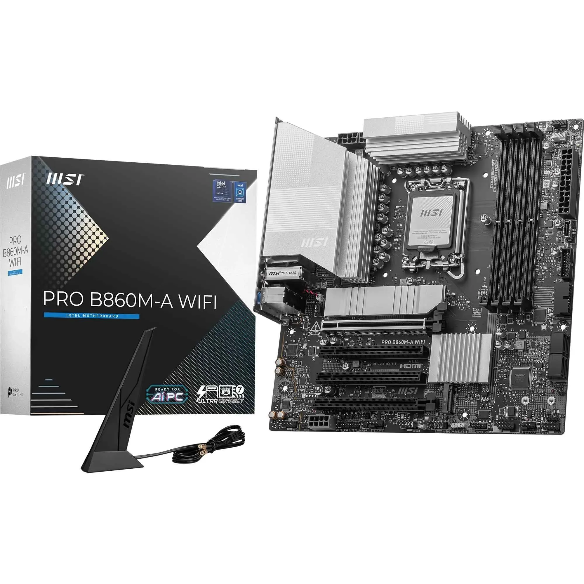 MSI PRO B860M-A WiFi Motherboard, mATX - Supports Intel Core Ultra Processors (Series 2), LGA 1851-12 DRPS, DDR5 Memory Boost (8600+ MT/s OC), PCIe 5.0 x16 & 4.0 x16, M.2 Gen5, Wi-Fi 7, 5G LAN