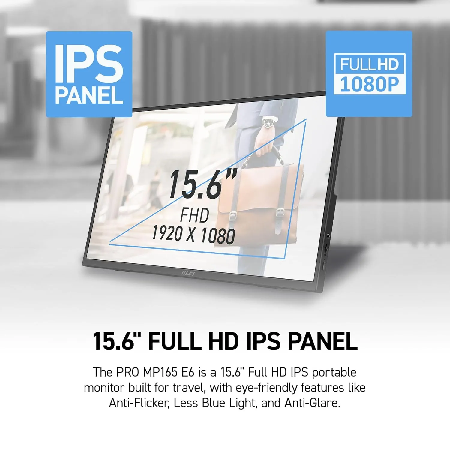 MSI Pro MP165 E6 Portable Monitor, 15.6" FHD IPS 1080p, USB Type-C, Mini-HDMI, Built-in Speakers, Perfect for PC, Mac, PS5, PS4, Xbox, Mobile, Metal Gray