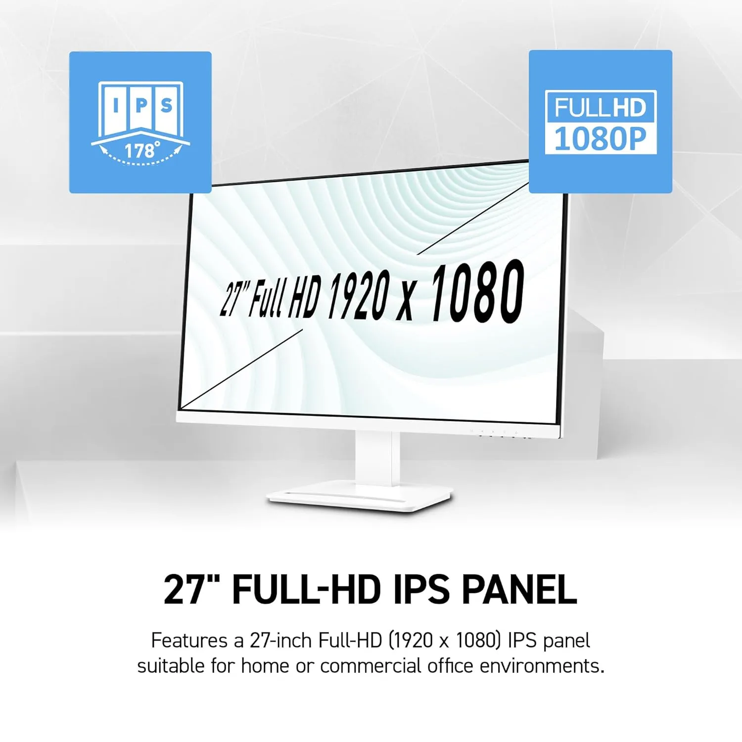 MSI PRO MP273W E14A 27-inch IPS 1920 x 1080 (FHD) Gaming Office Monitor, 120Hz, Free-Synch, HDMI, DisplayPort, VGA Port, VESA Mountable, Tilt, Speaker, 4-Side Slim Bezel 1ms, White