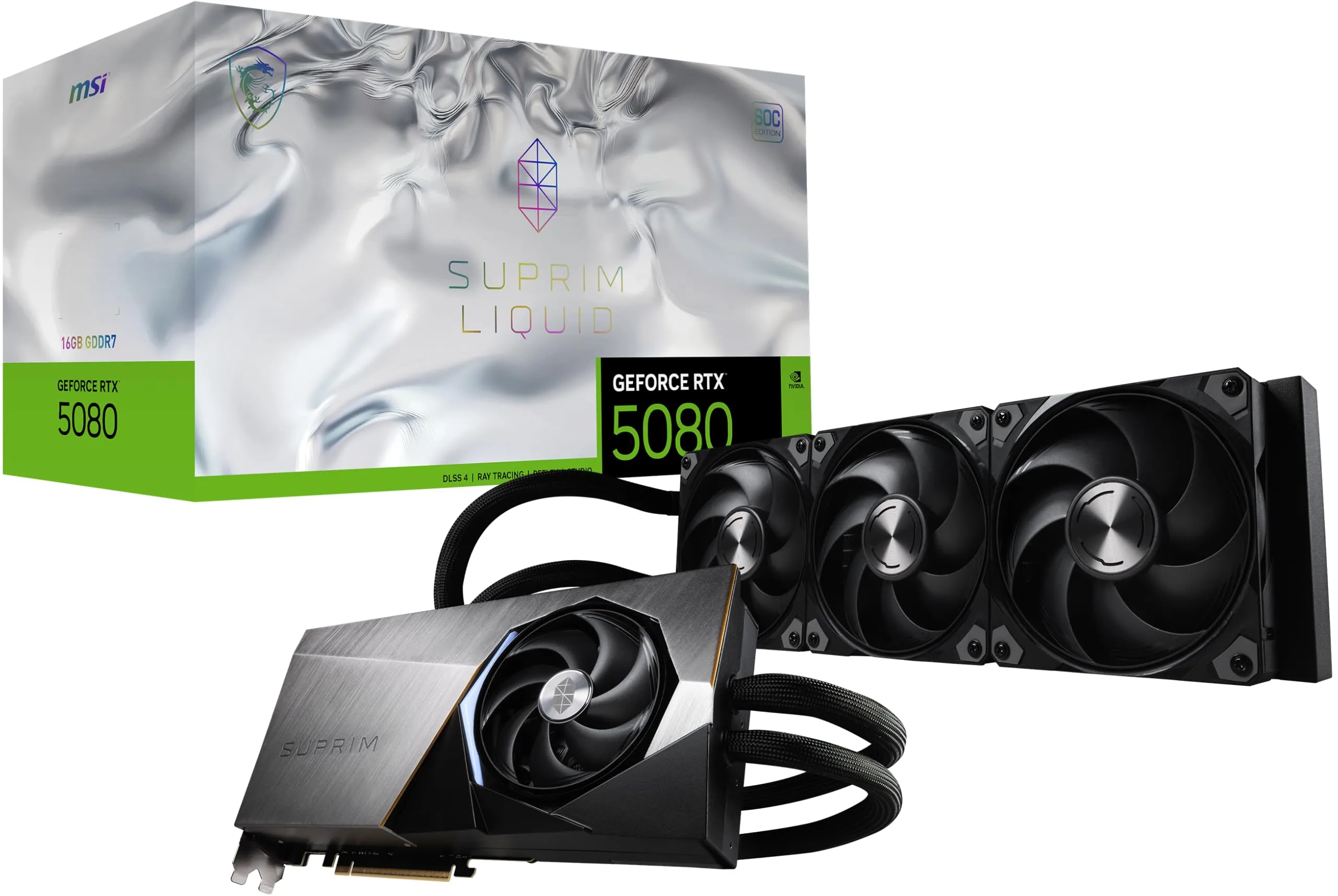 MSI Gaming RTX 5080 16G SUPRIM Liquid SOC Graphics Card (16GB GDDR7, 256-bit, Extreme Performance: 2760 MHz, DisplayPort x 3 2.1a, HDMI 2.1b, NVIDIA Blackwell Architecture)