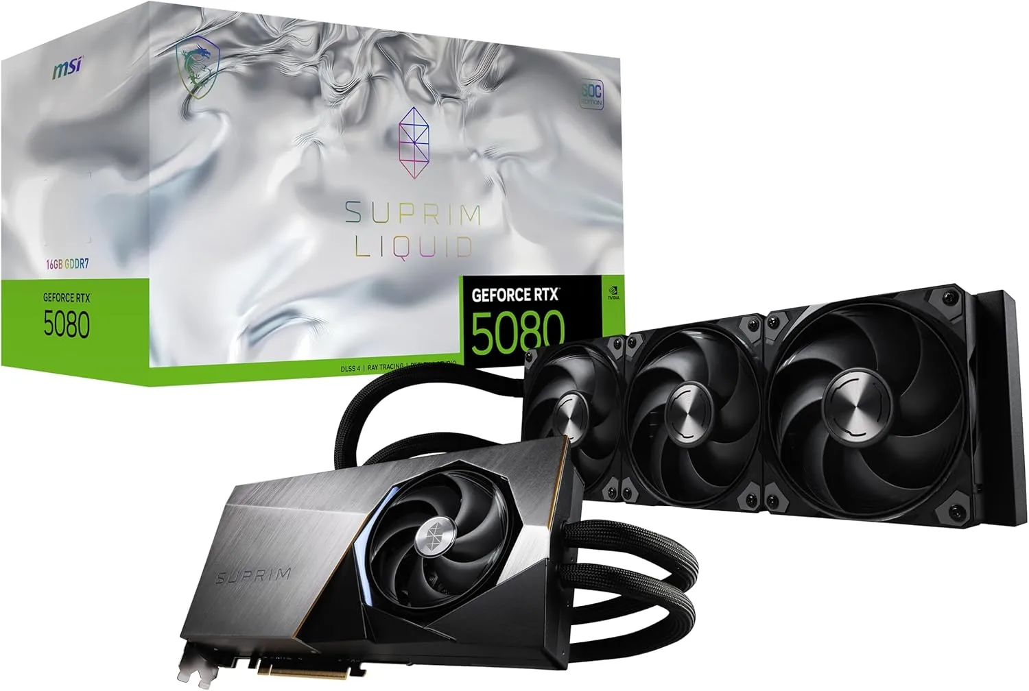 MSI Gaming RTX 5080 16G SUPRIM Liquid SOC Graphics Card (16GB GDDR7, 256-bit, Extreme Performance: 2760 MHz, DisplayPort x 3 2.1a, HDMI 2.1b, NVIDIA Blackwell Architecture)