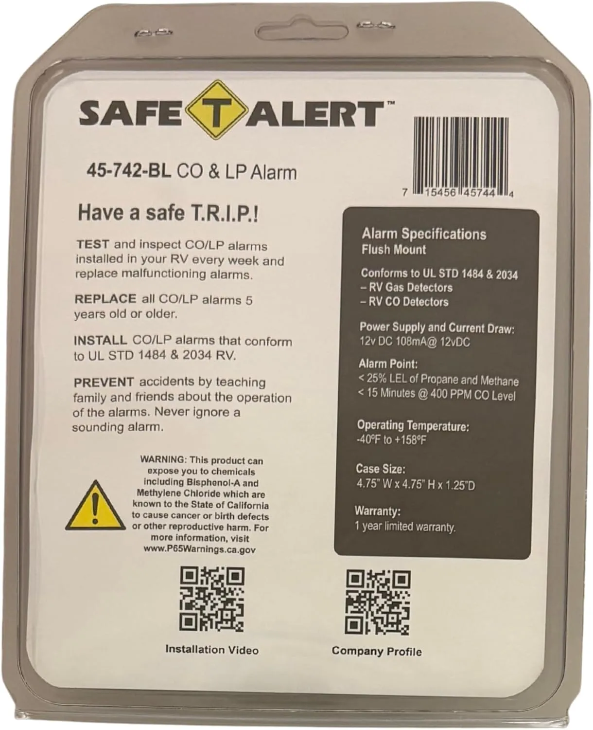 Combination Carbon Monoxide/Propane Alarm - Flush Mount, 12 VDC, Black