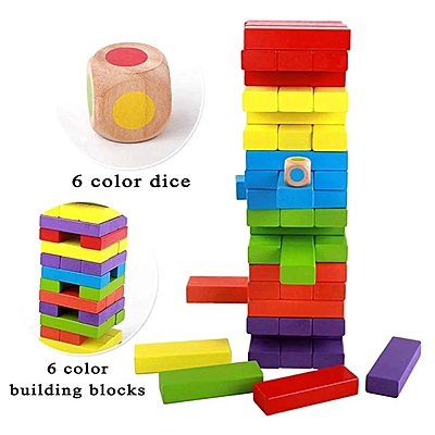 Hardwood Blocks Stacking Tower Game - 54 Pcs Colourful Blocks