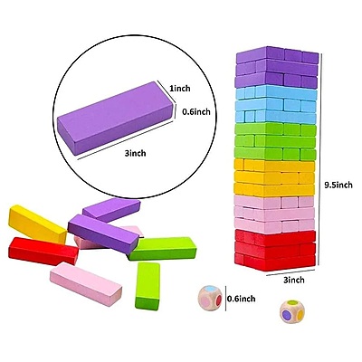 Hardwood Blocks Stacking Tower Game - 54 Pcs Colourful Blocks